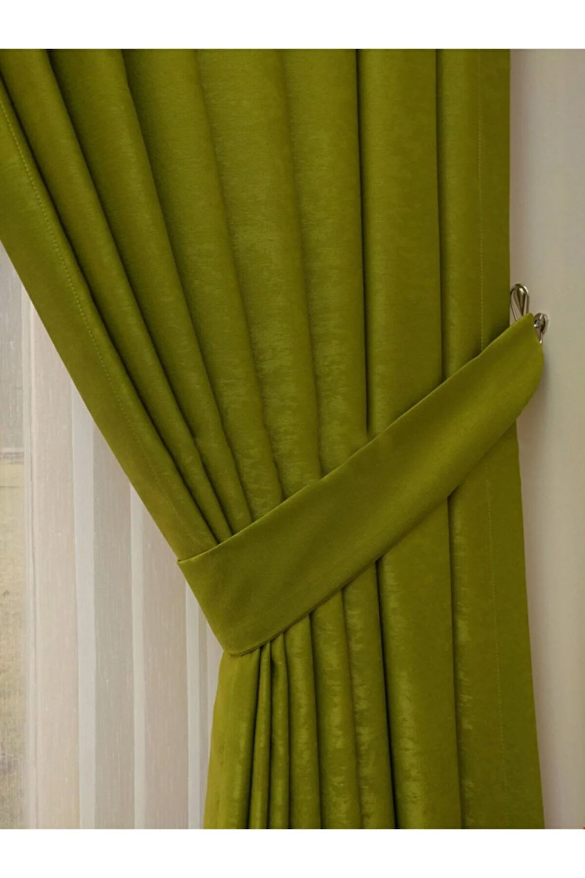 Fon Kumaş Perde Yosun Yeşil Renk Kadifemsi Yumuşak Soft Kanat Yan Perde 1e 3 Dökümlü Pile