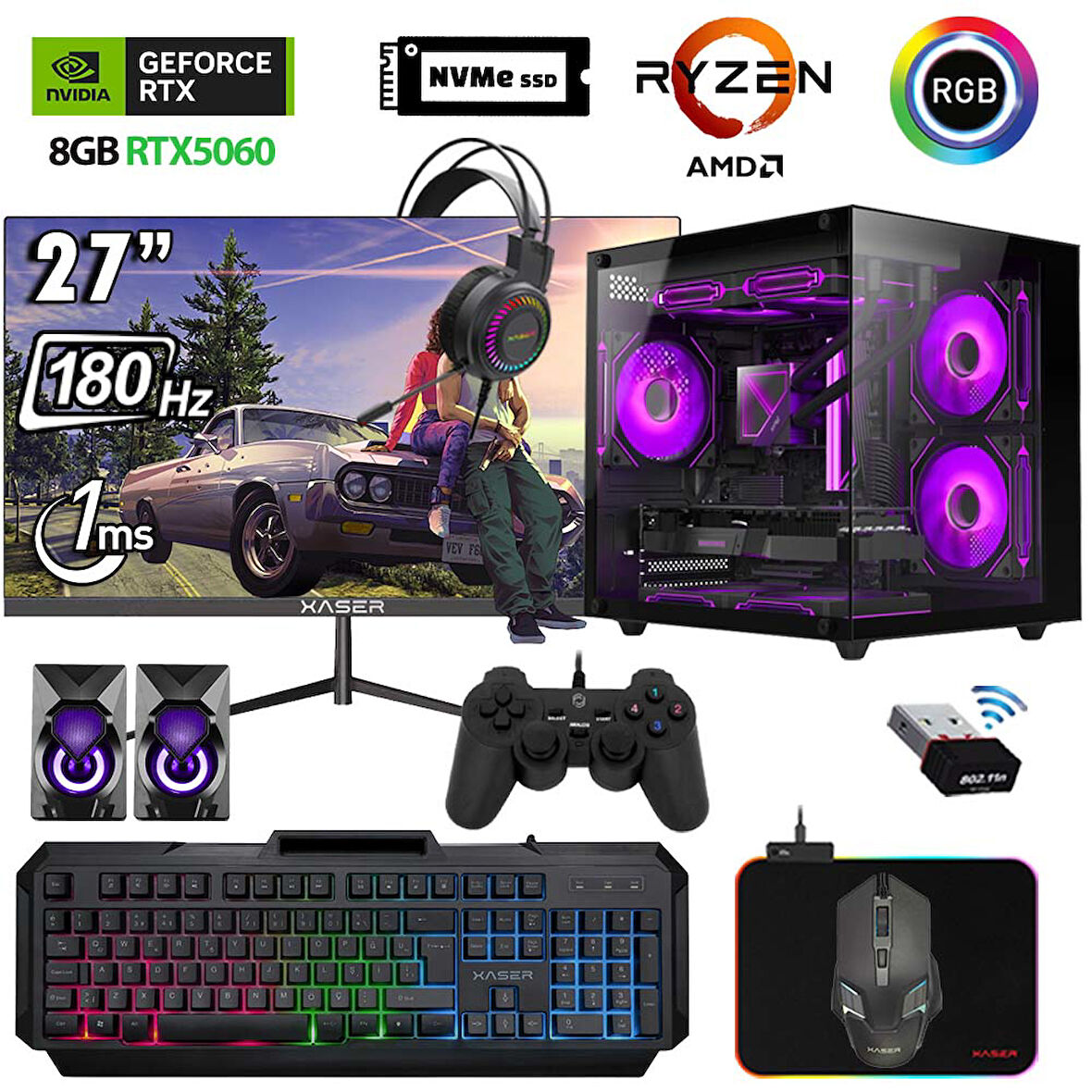 Xaser Eco X320 Ryzen 5 5600 32GB Ram 1TB M.2 NVMe SSD 8GB RTX5060 27" 180Hz Curved Oyuncu Bilgisayarı