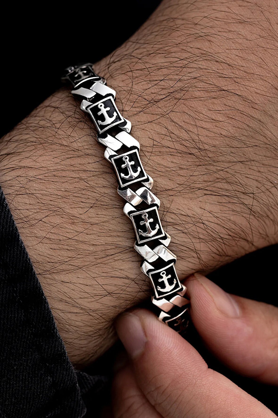 Erkek Gümüş Bileklik -Çapa Motifli Kare Model Gümüş Bileklik