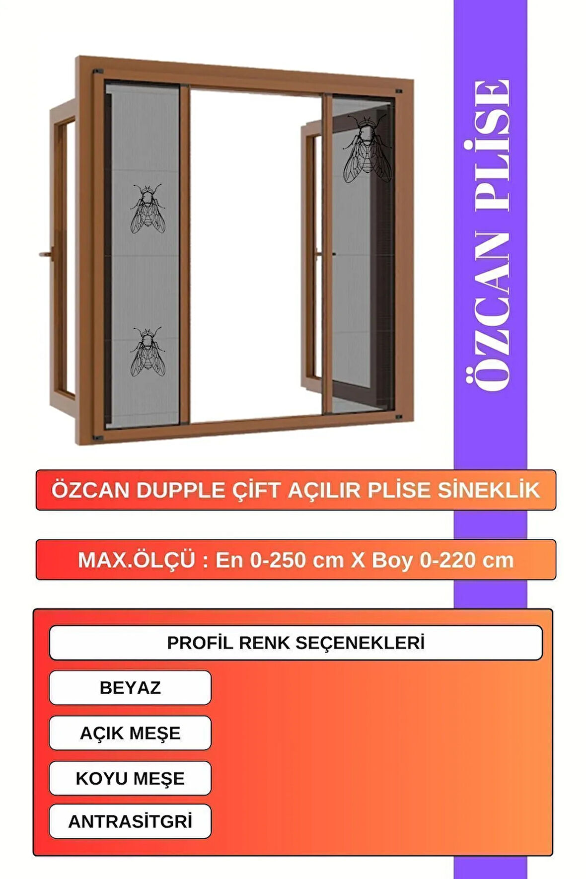 Çift Kanat Pileli Plise Sürgülü Akordiyon Sineklik | En 0-250 X Boy 220 Cm