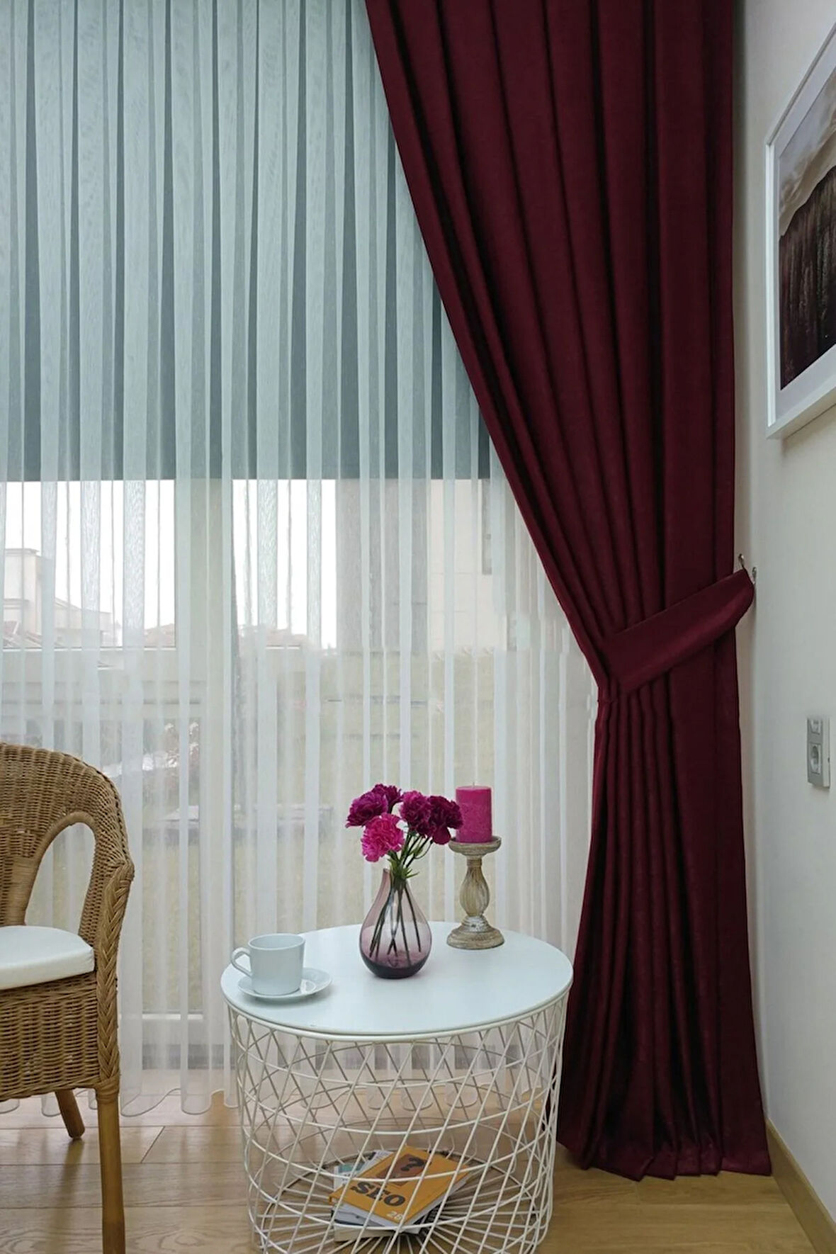 Fon Kumaş Perde Bordo Renk Kadifemsi Yumuşak Soft Kanat Yan Perde 1e 3 Dökümlü Pile