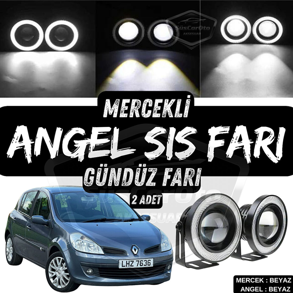 Renault Clio 3 2005-2013 Uyumlu Üniversal Mercekli Angel Sis Farı Metal Su Geçirmez 76 mm Beyaz Halkalı Gündüz Farı Angel Eyes 2 Adet