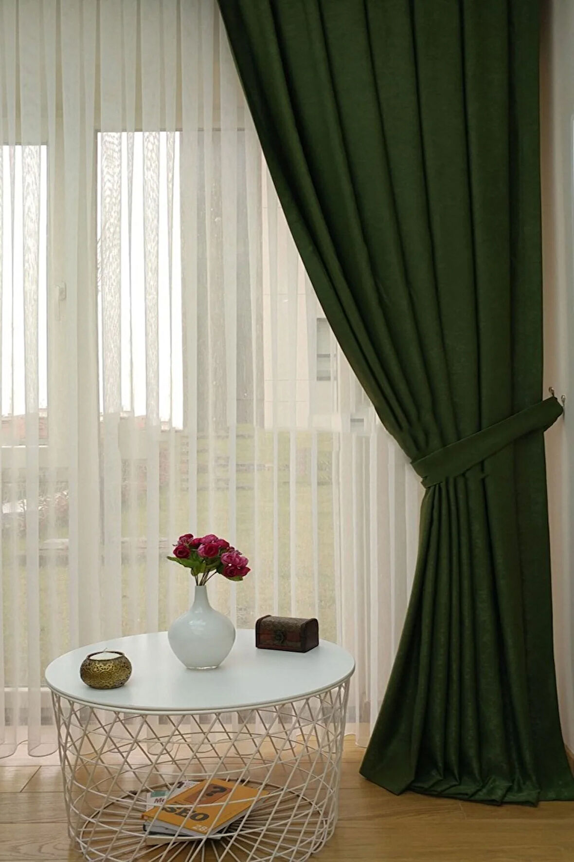 Fon Kumaş Perde Çimen Yeşil Renk Kadifemsi Yumuşak Soft Kanat Yan Perde 1e 3 Dökümlü Pile