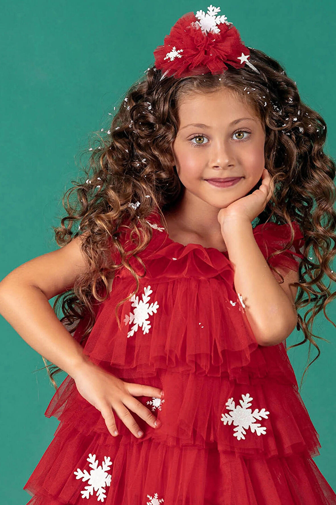 Kartanesi Detaylı Tokalı Kız Çocuk Noel Elbise