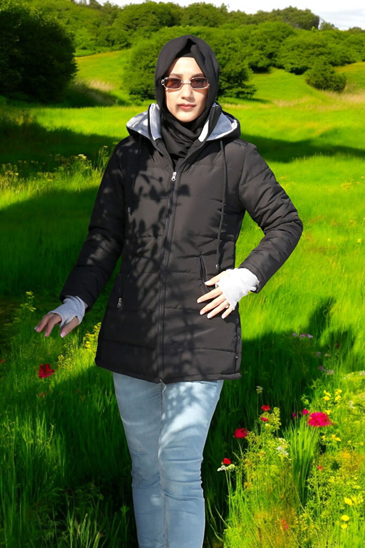 Kışlık Su Geçirmez Kapüşonlu Eldiven Detaylı Uzun Şişme Mont