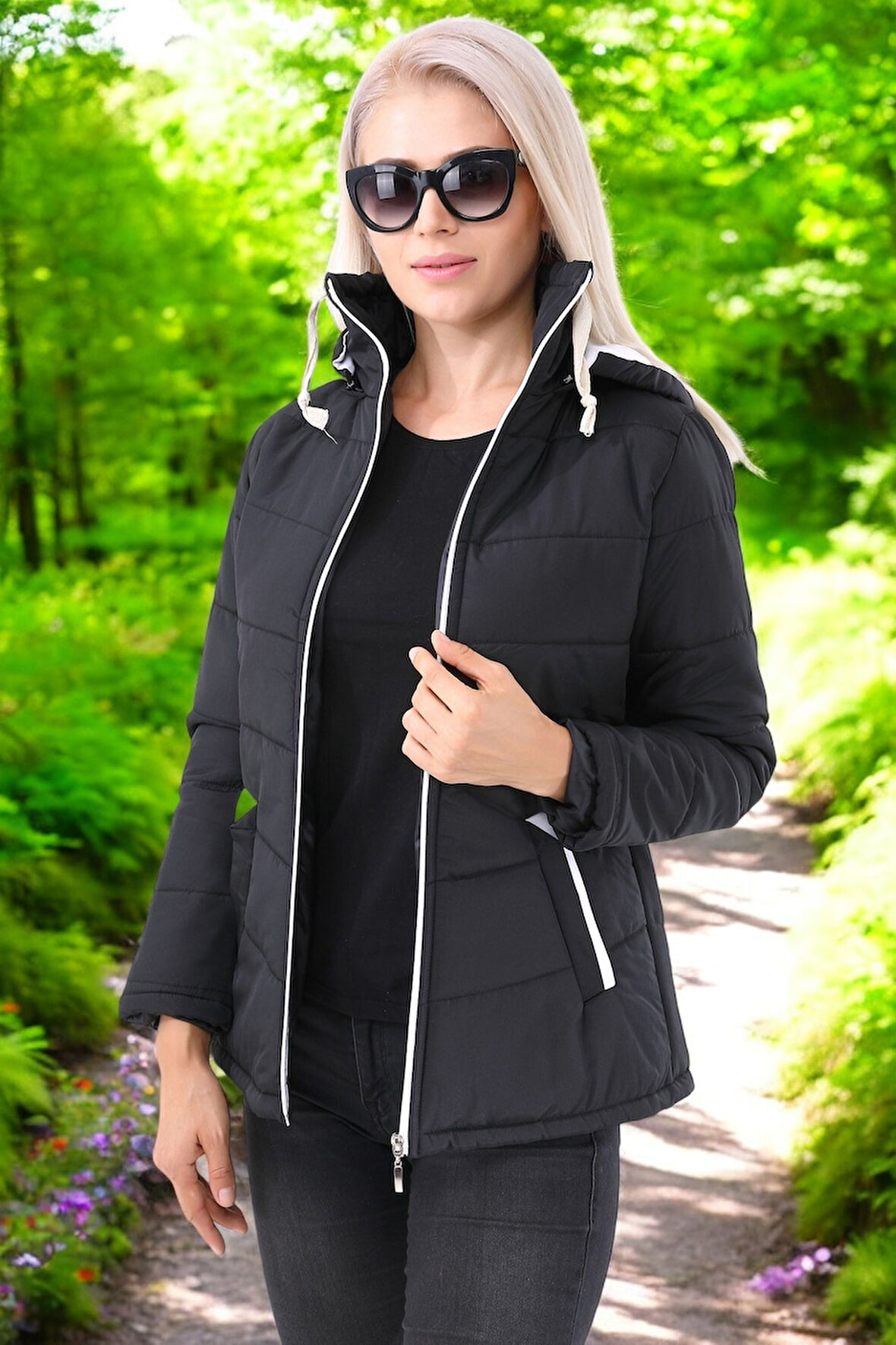 Kısa Kapüşonlu Kışlık Şişme Kadın Mont