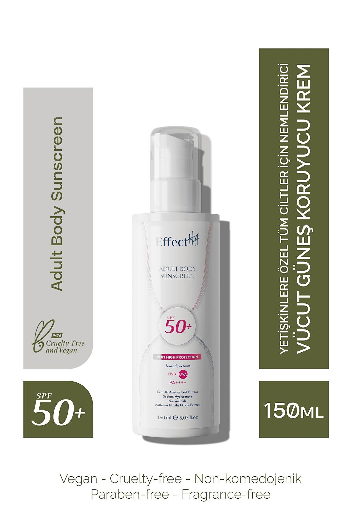 EffectHA Adult Body Sunscreen Tüm Ciltler için Nemlendirici Vücut Güneş Koruyucu Krem Yetişkinlere Özel SPF50+ 150ml