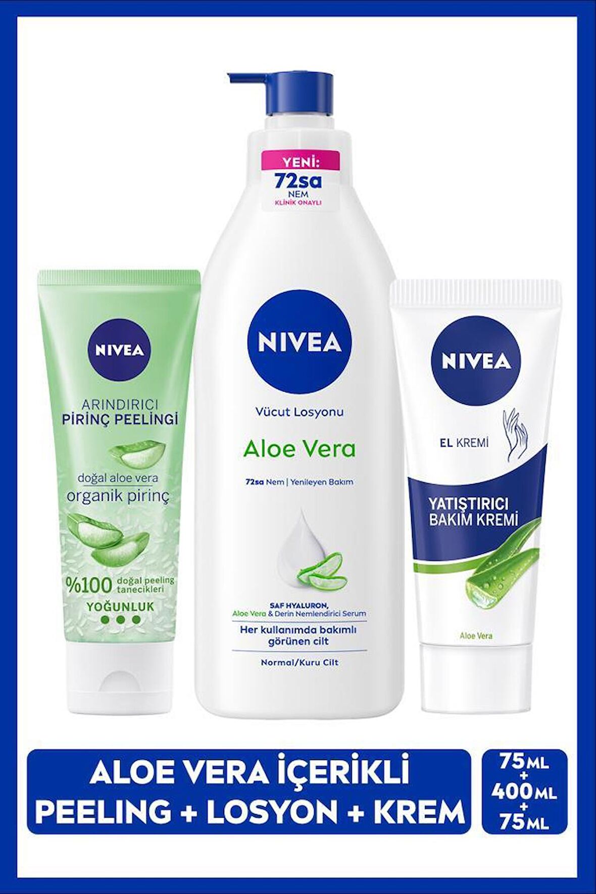 NIVEA Aloe Vera El Bakım Kremi 75ml, Yoğun Nemlendirici Vücut Losyon 400ml, Arındırıcı Pirinç Peeling 75ml