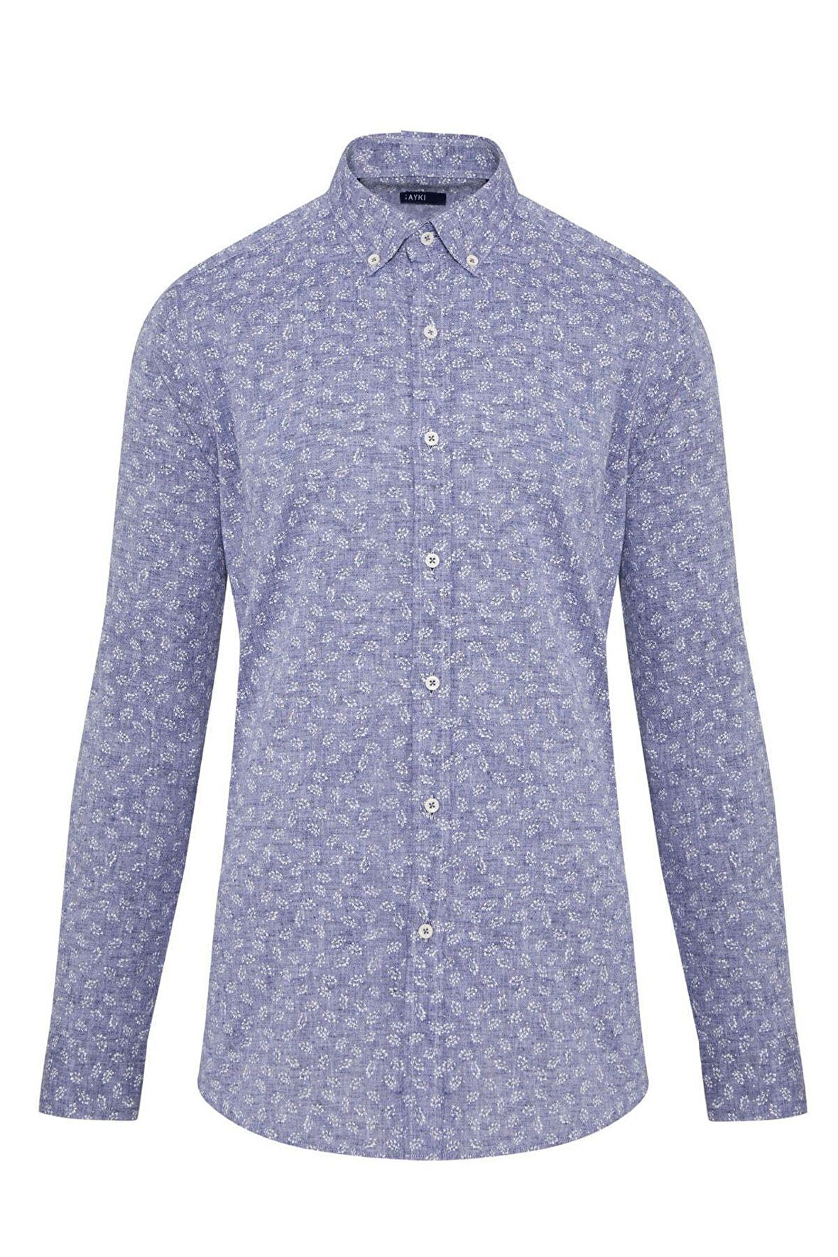 Lacivert Desenli Slim Fit Keten Gömlek | XS