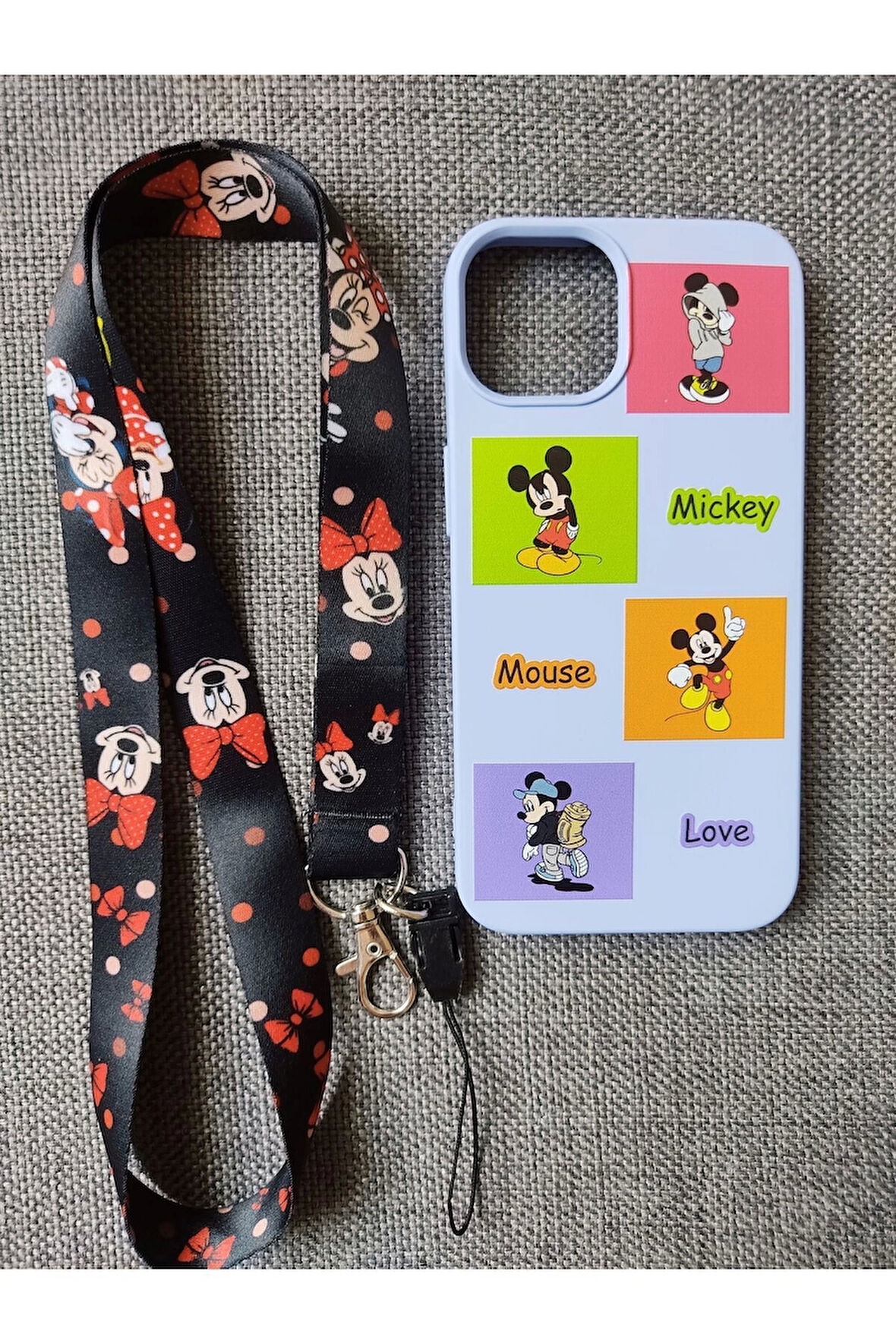 İPhone 14 Pro Uyumlu Mickey Mouse Tasarım Telefon Boyun Askılı Set Kılıf
