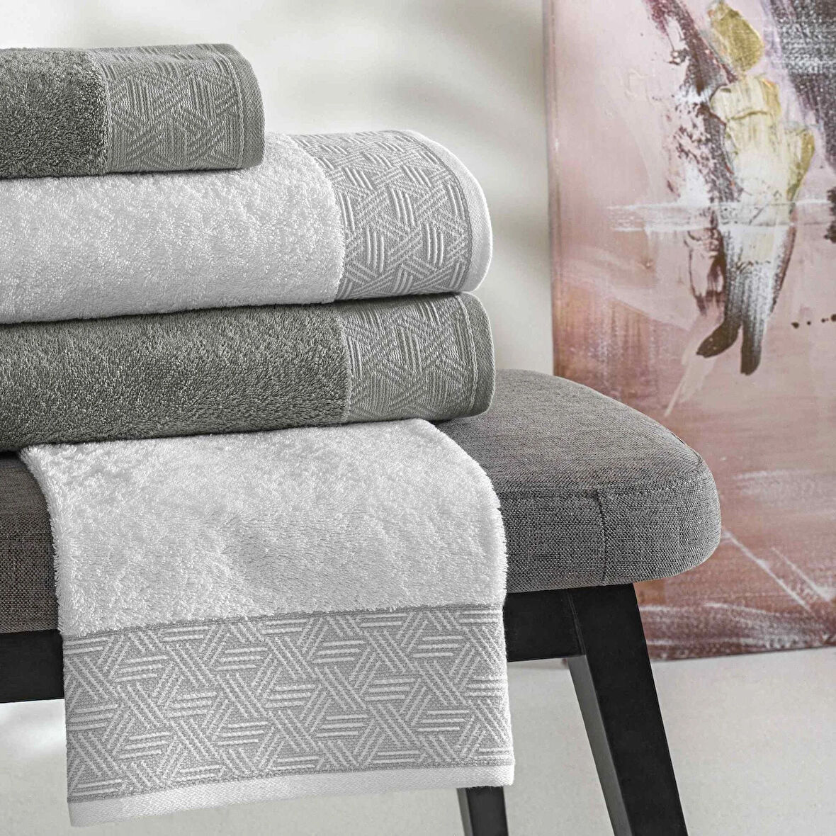 Taç Nora Pure Cotton Pamuk Aile Seti Beyaz Koyu Gri