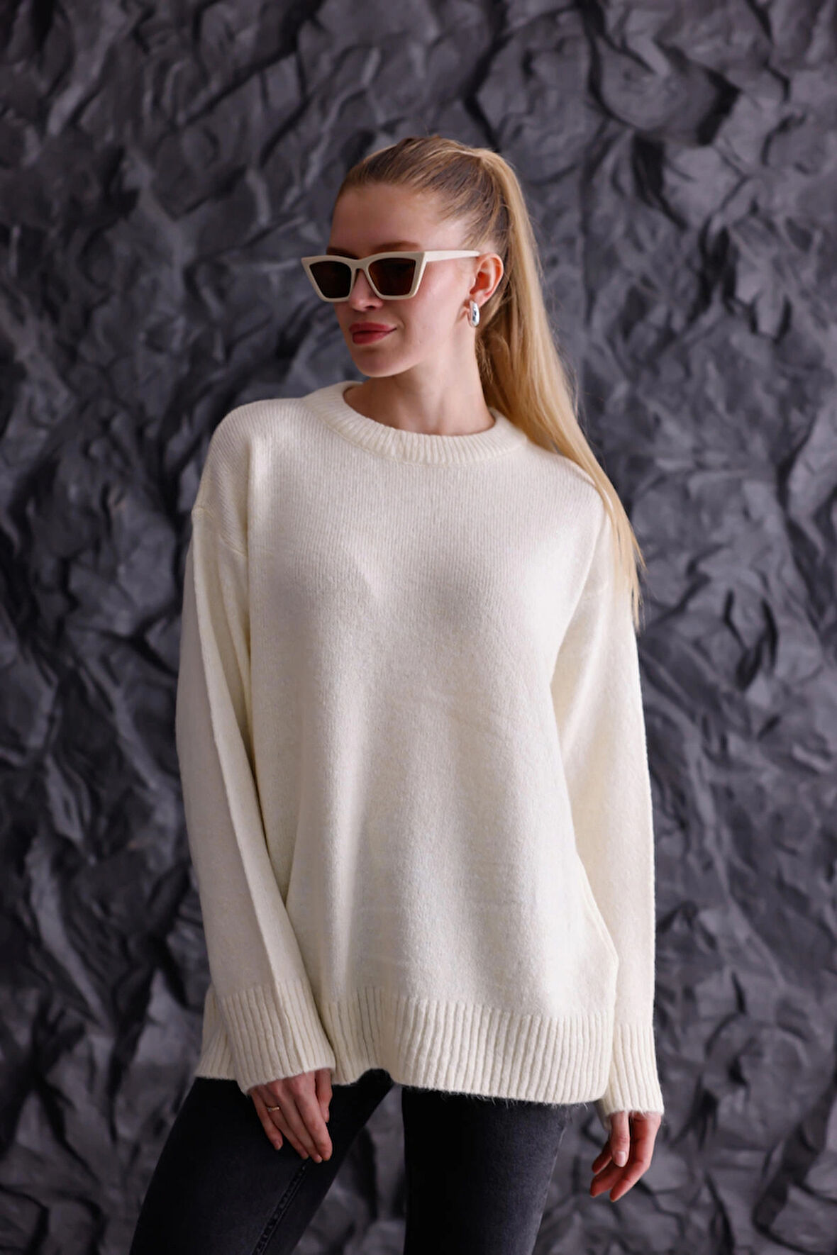 Bisiklet Yaka Oversize Basic Triko Kazak