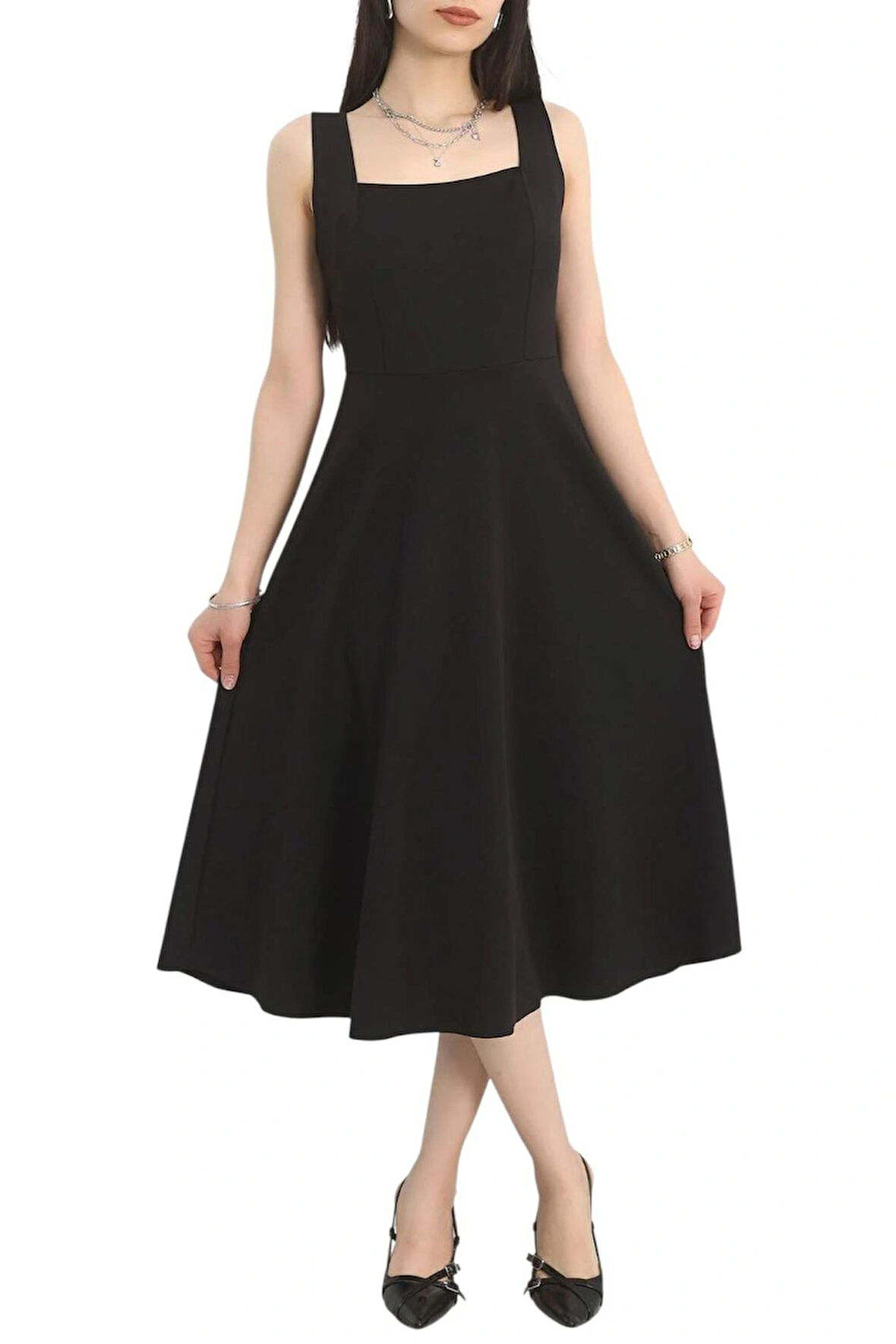 Siyah Midi Viskon Elbise