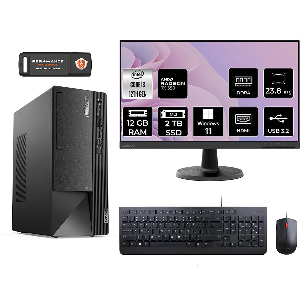 Lenovo ThinkCentre Neo 50T i3 12100 12GB 2TB SSD RX550/4GB W11P 11SC001ATX MASAÜSTÜ PC & 23.8" MONİTÖR