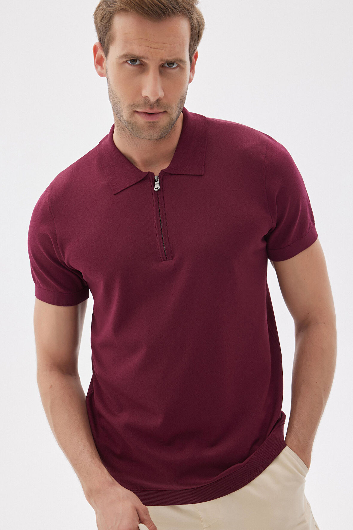 LIMITED Düz Fermuarlı Polo Yaka Rayon Erkek Bordo Triko Tişört 