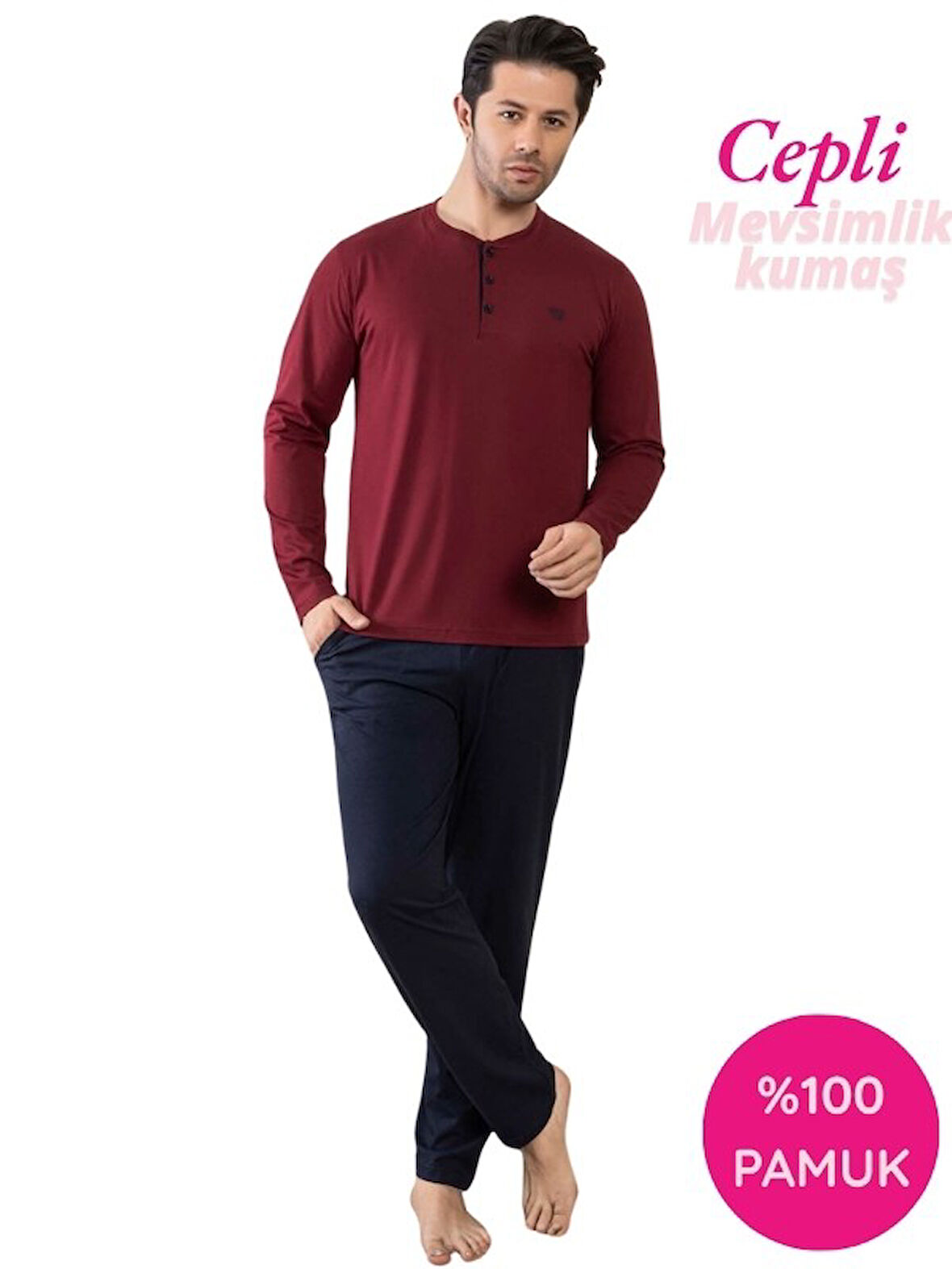 Erkek 3 Düğmeli %100 Pamuk Mevsimlik Uzun Kol Cepli Pijama Takımı