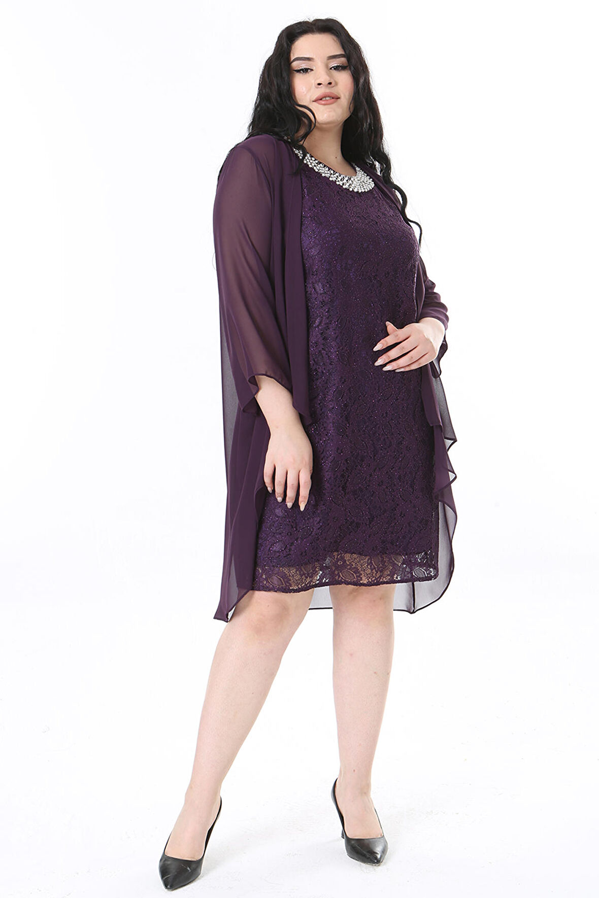 Kadın Büyük Beden İnci Yakalı Mürdüm Dantel Midi Abiye Elbise