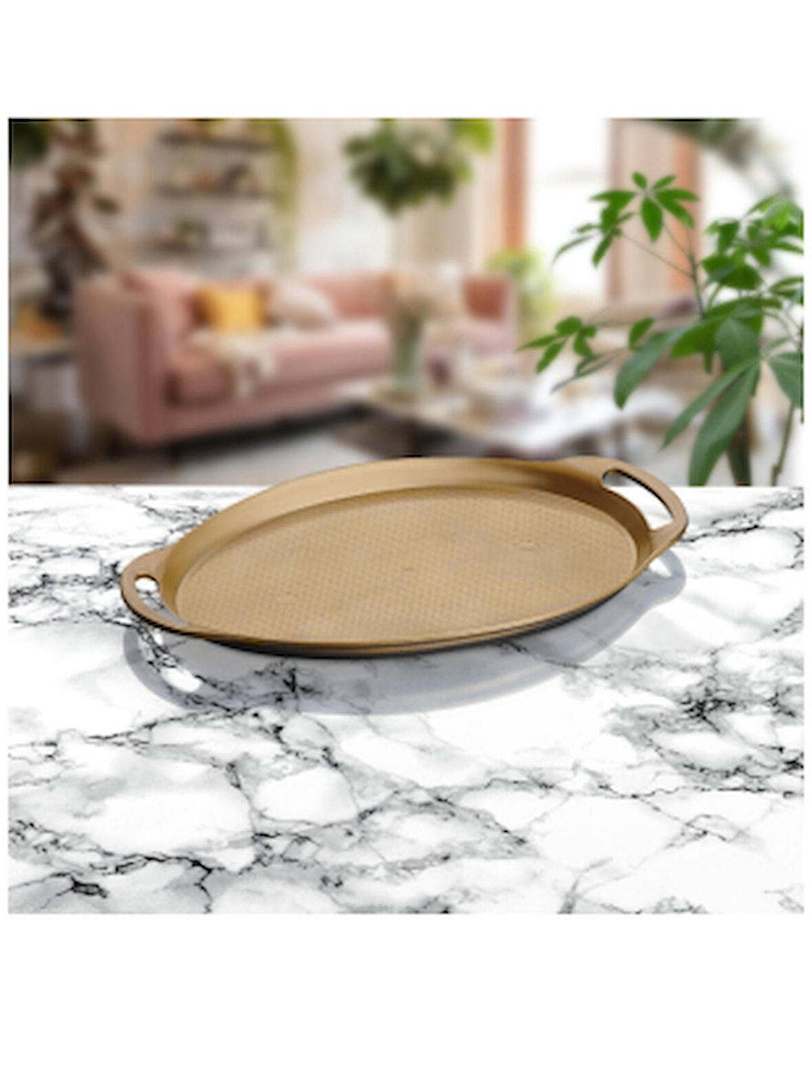 Plastik Oval Küçük Sunum Tepsisi 33 x 22 Cm Gold