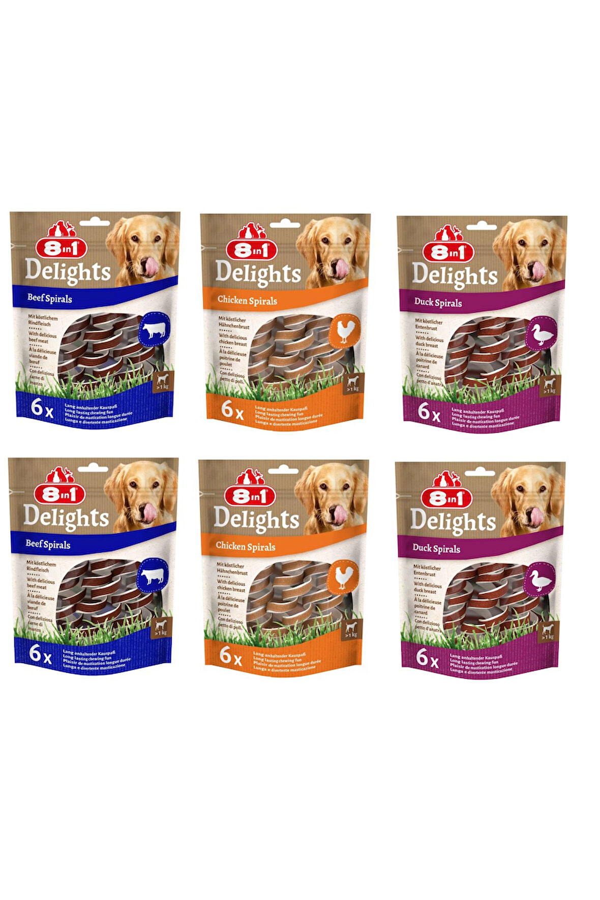 8in1 Delights Spirals 3 Çeşit Tavuklu + Biftekli + Ördekli Karma Burgu Ödül 6 Lı X 6 Adet