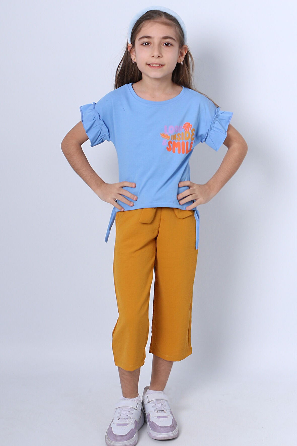 KIZ ÇOCUK İKİLİ TAKIM SIRT BASKILI PÜSKÜLLÜ KOLLARI FIFIRLI F20