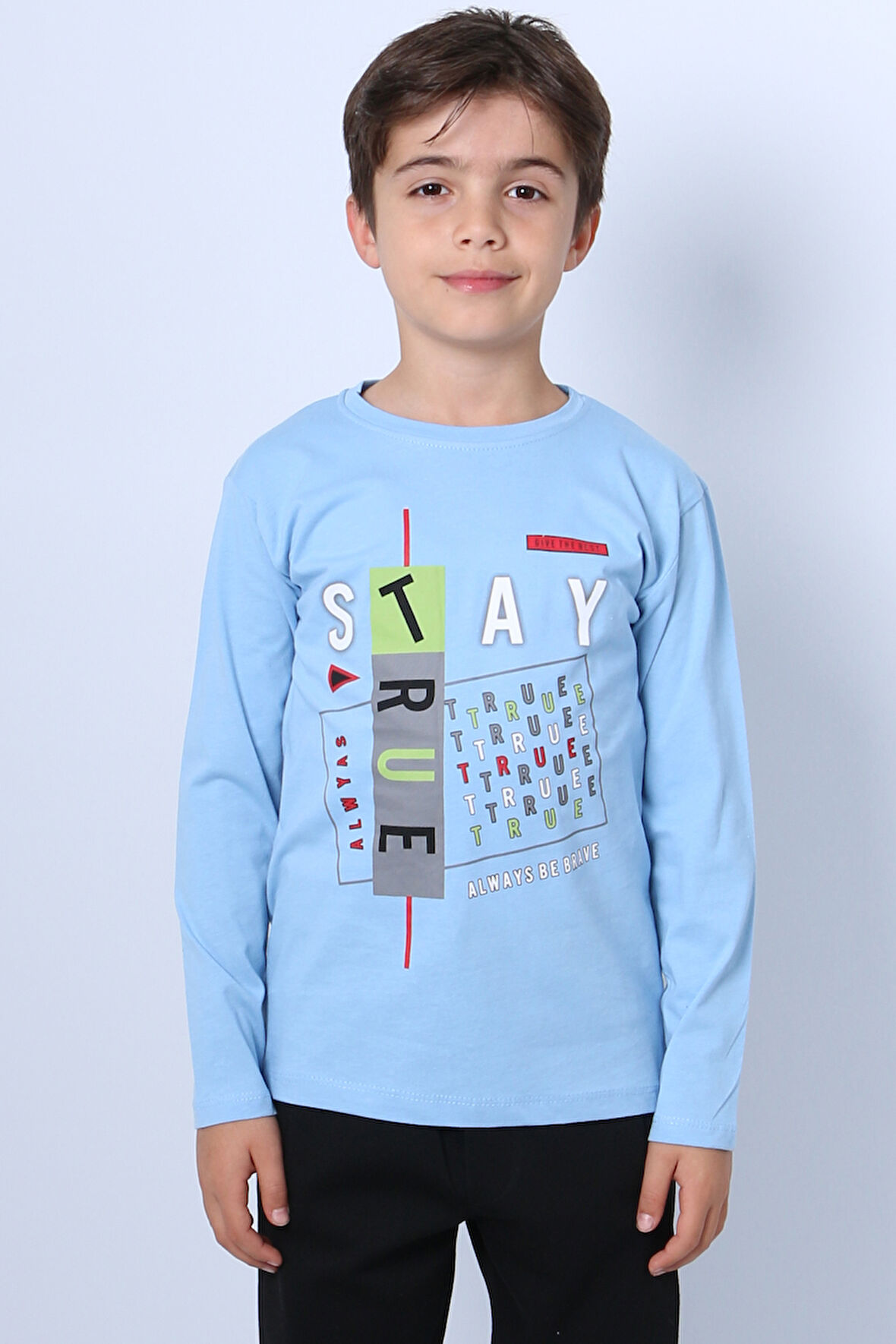 ERKEK ÇOCUK UZUN KOLLU TSHİRT STAY TRUE BASKILI 4 MEVSİM BİSİKLET YAKA E29