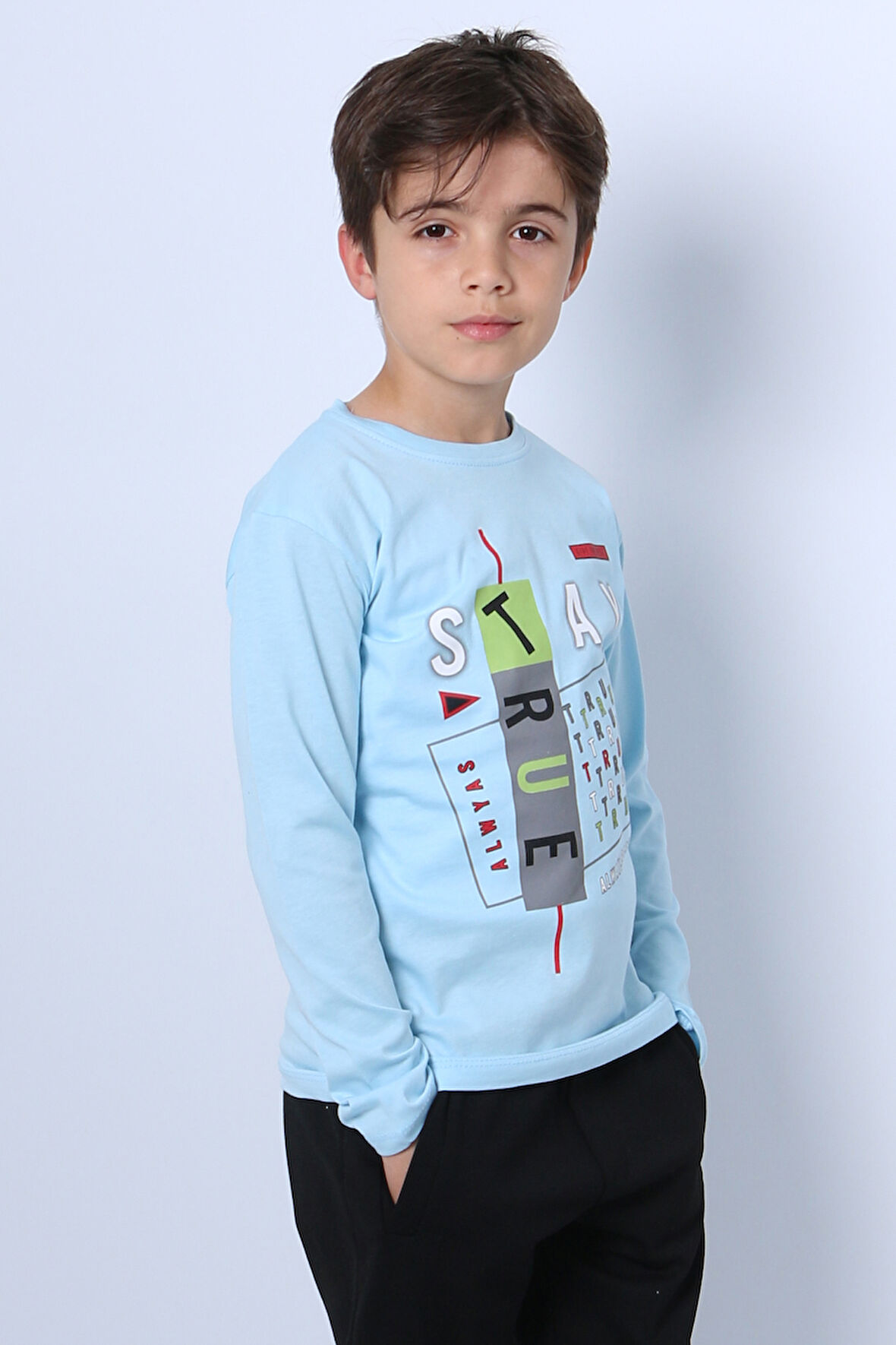 ERKEK ÇOCUK UZUN KOLLU TSHİRT STAY TRUE BASKILI 4 MEVSİM BİSİKLET YAKA E29