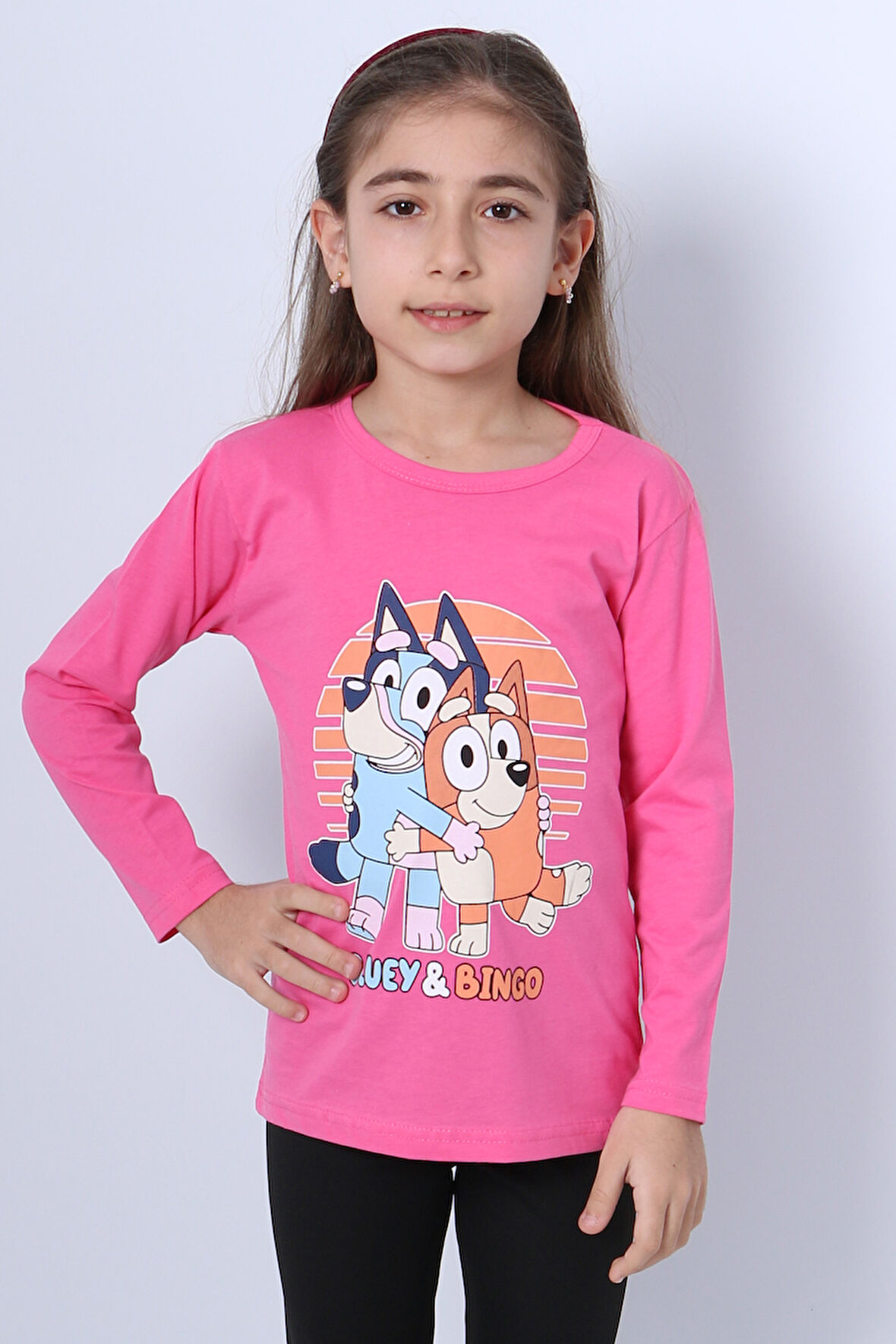 KIZ ÇOCUK UZUN KOL TSHİRT BLUEY İLE BİNGO BASKILI BİSİKLET YAKA D46