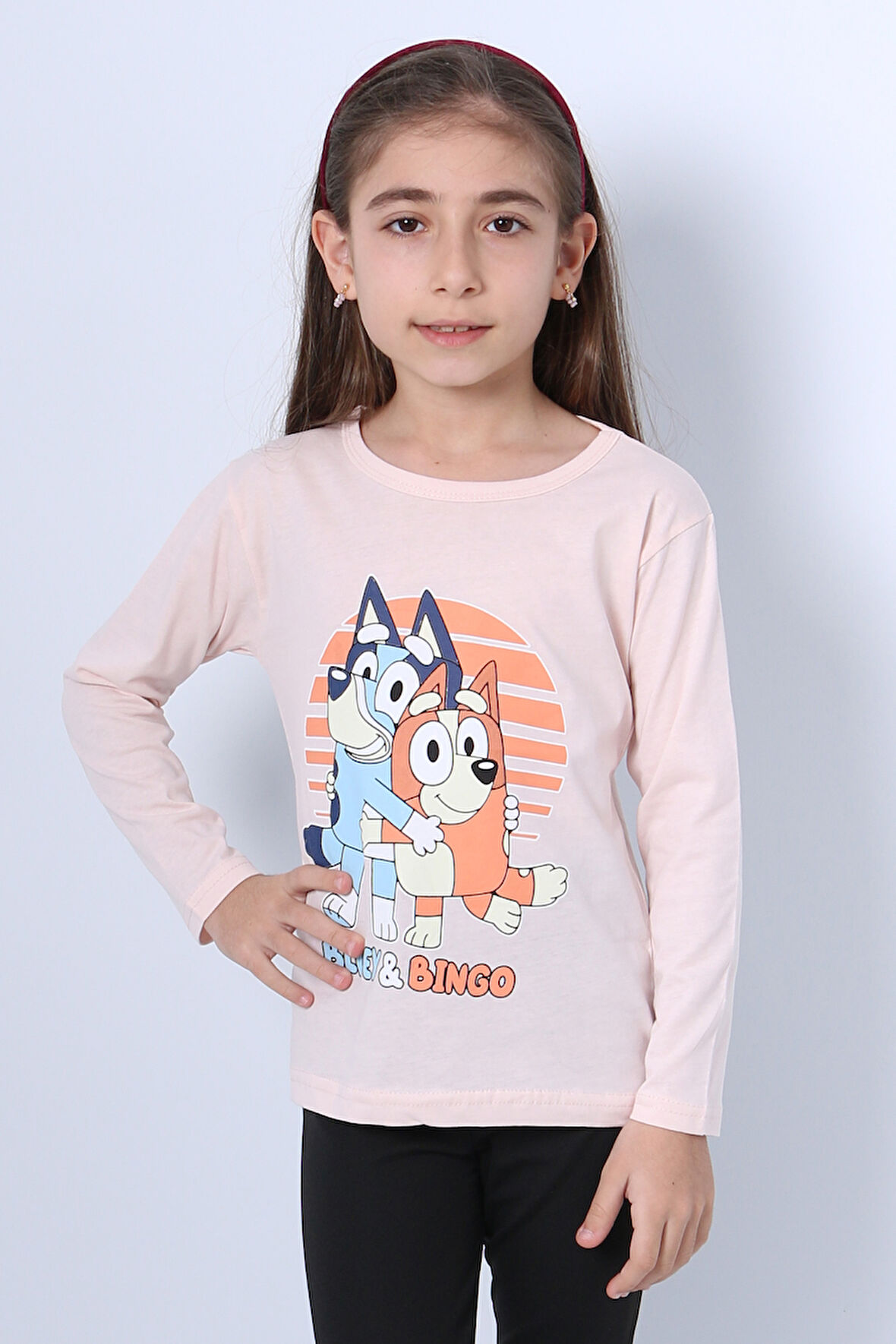 KIZ ÇOCUK UZUN KOL TSHİRT BLUEY İLE BİNGO BASKILI BİSİKLET YAKA D46