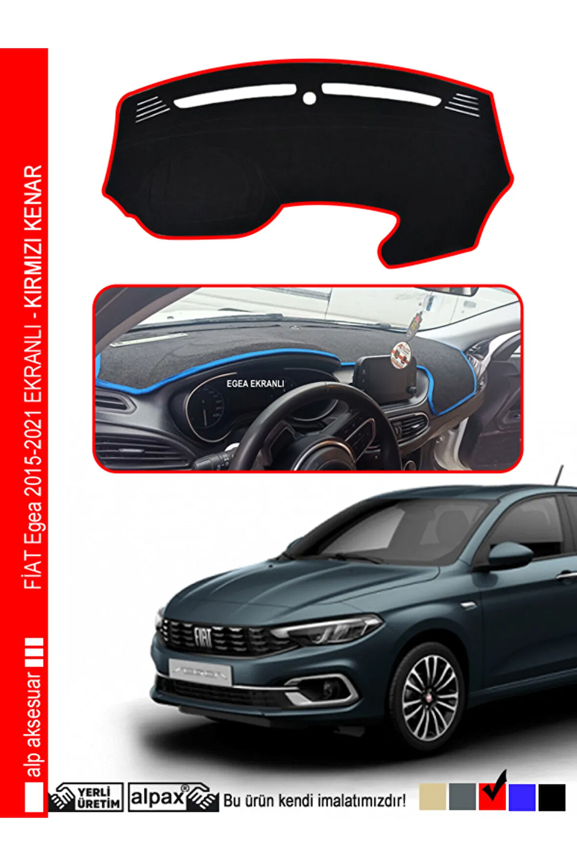 Fiat Egea Ekranlı Torpido Koruyucu 2015-2024 Arası Modelle - Kırmızı Kenar