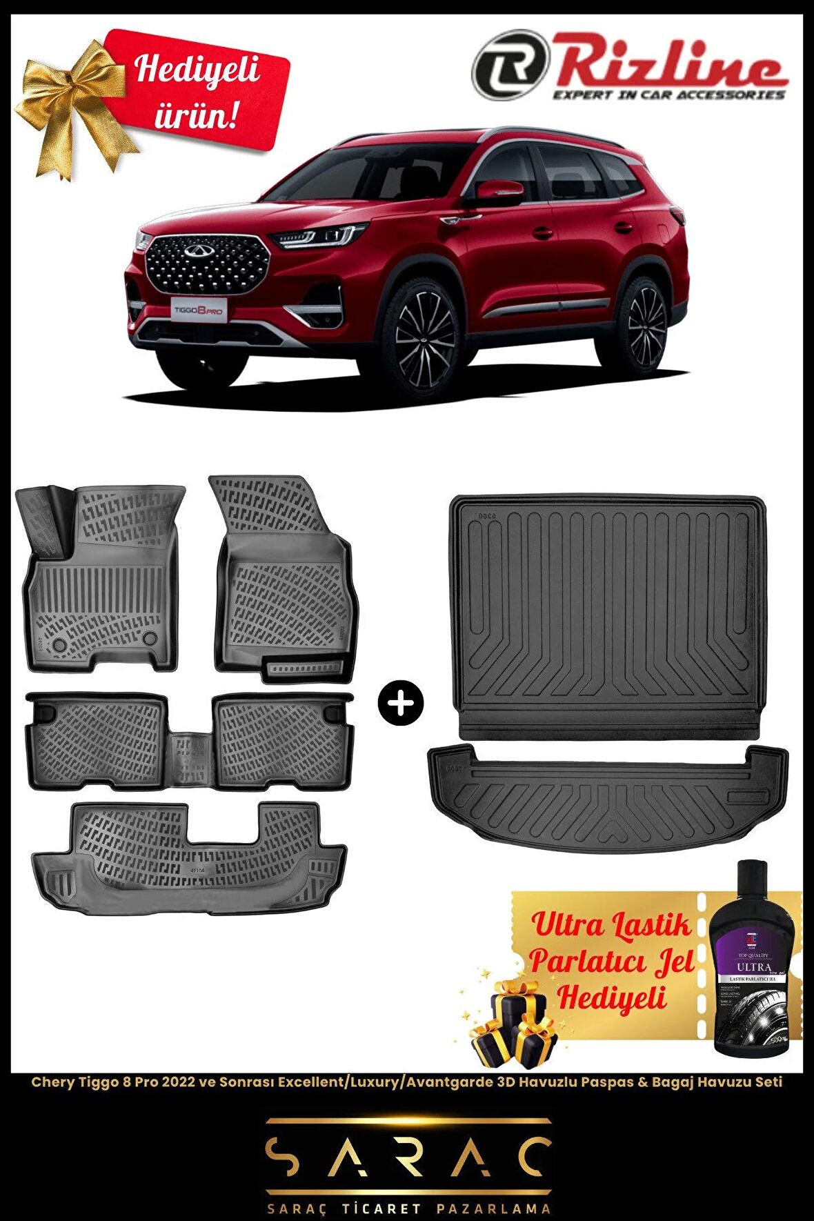 Rizline Chery Tiggo 8 Pro 2022 Sonrası Excellent 3D Havuzlu Paspas & Bagaj Havuzu Seti + (HEDİYELİ!)