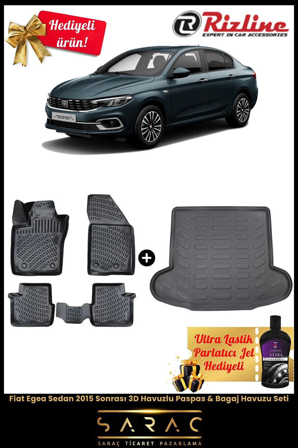 Rizline Fiat Egea Sedan 2015 Sonrası 3D Havuzlu Paspas & Bagaj Havuzu Seti + ( HEDİYELİ ! )