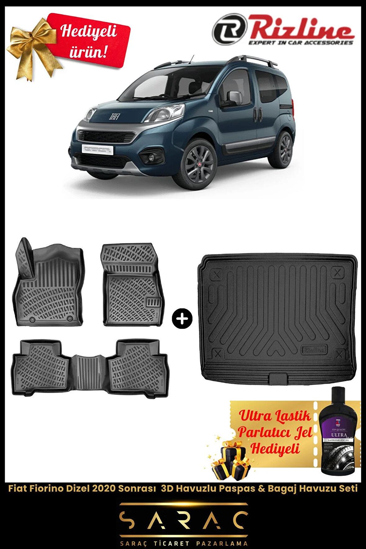 Rizline Fiat Fiorino Dizel 2020 Sonrası  Uyumlu 3D Havuzlu Paspas & Bagaj Havuzu Seti +
