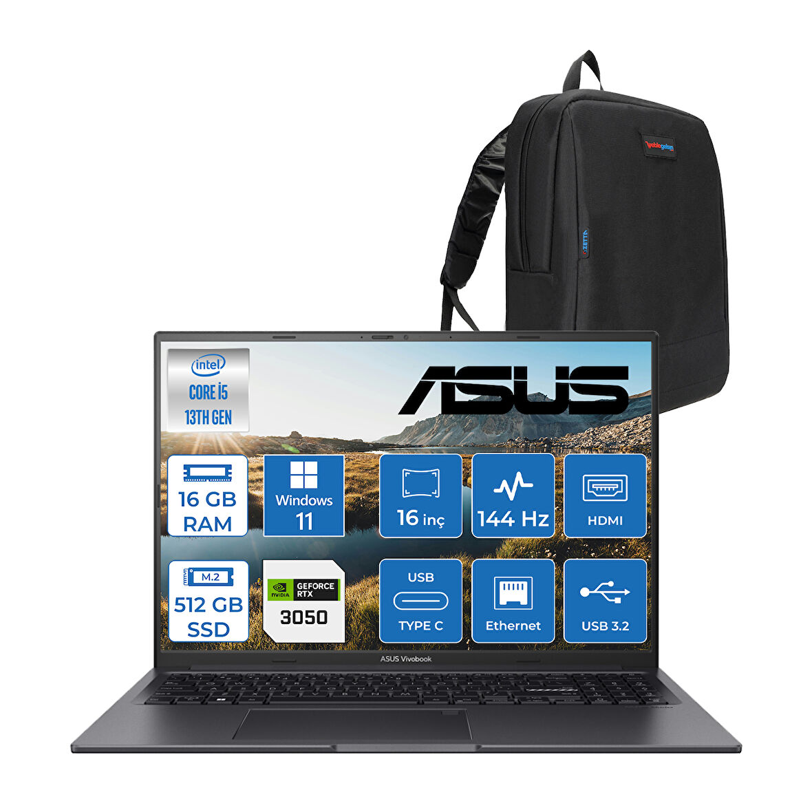 Asus Vivobook 16X K3605VC-RP461 Intel Core I5 13420H 16GB 512GB SSD RTX3050-4GB Windows 11 Pro 16" 144Hz Wuxga Taşınabilir Bilgisayar RP461P07 + Zetta Çanta