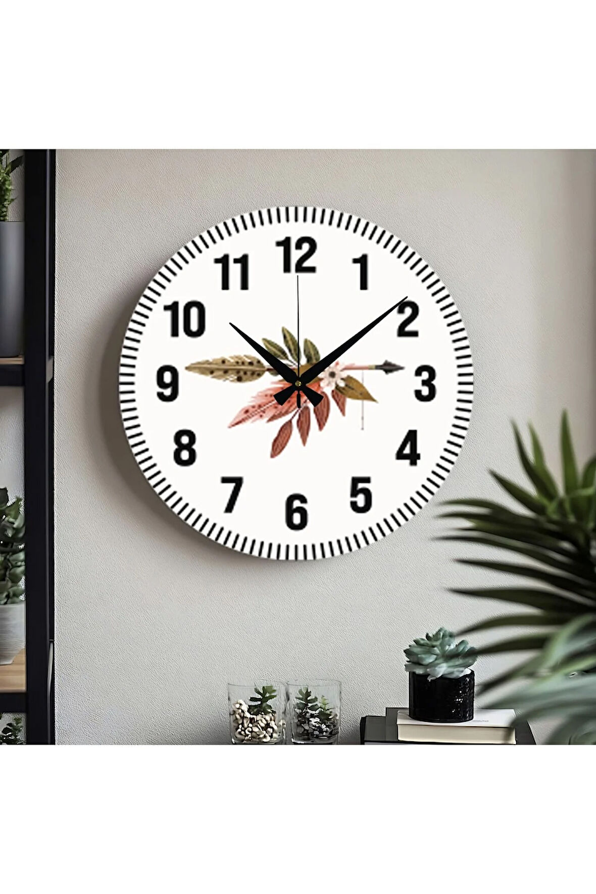 Çiçek desenli Dekoratif Türkçe Rakamlı UV Baskılı Duvar Saati (Sessiz) Akar Mekanizma Metal Akrep