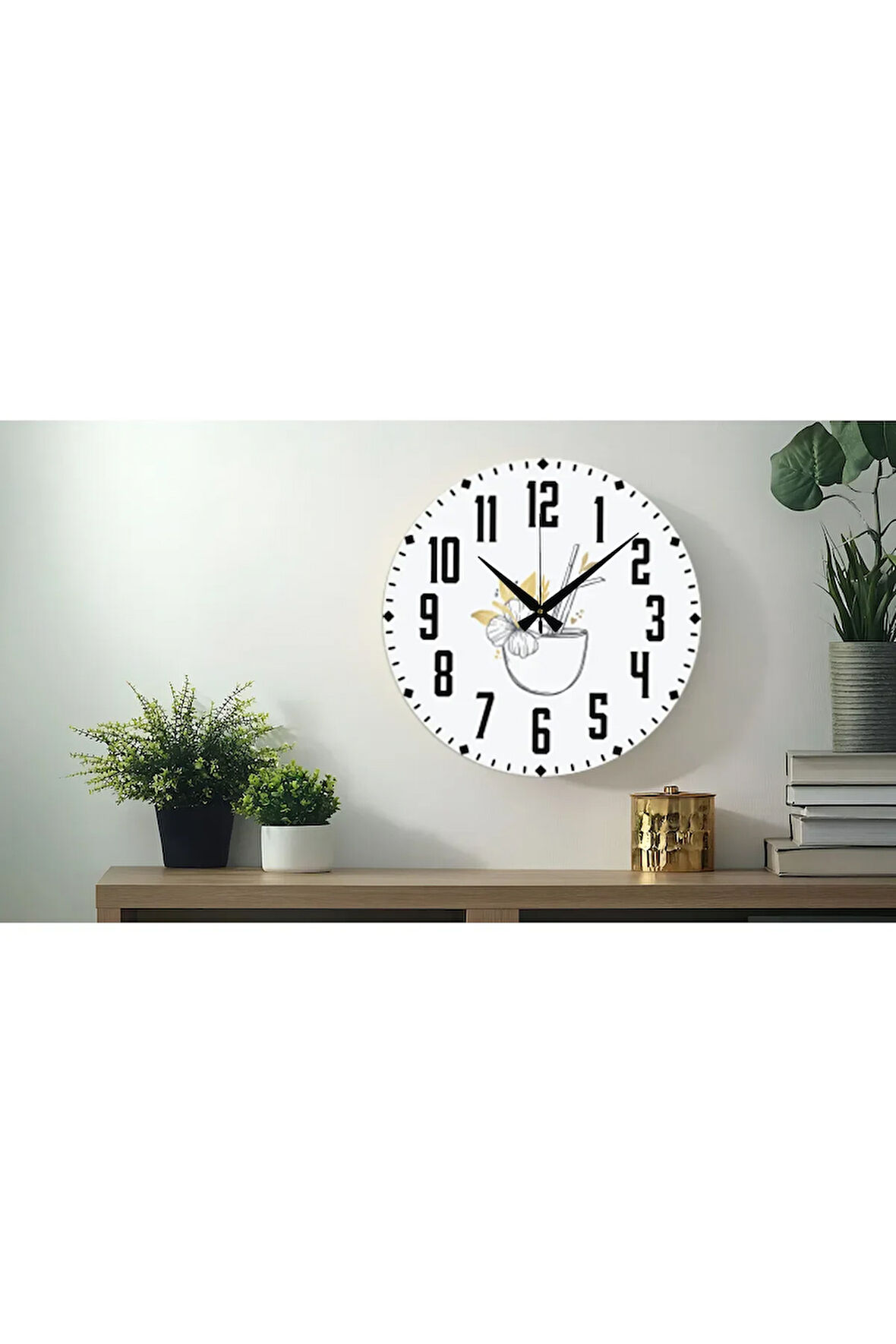 Çiçek desenli Dekoratif Türkçe Rakamlı UV Baskılı Duvar Saati (Sessiz) Akar Mekanizma Metal Akrep