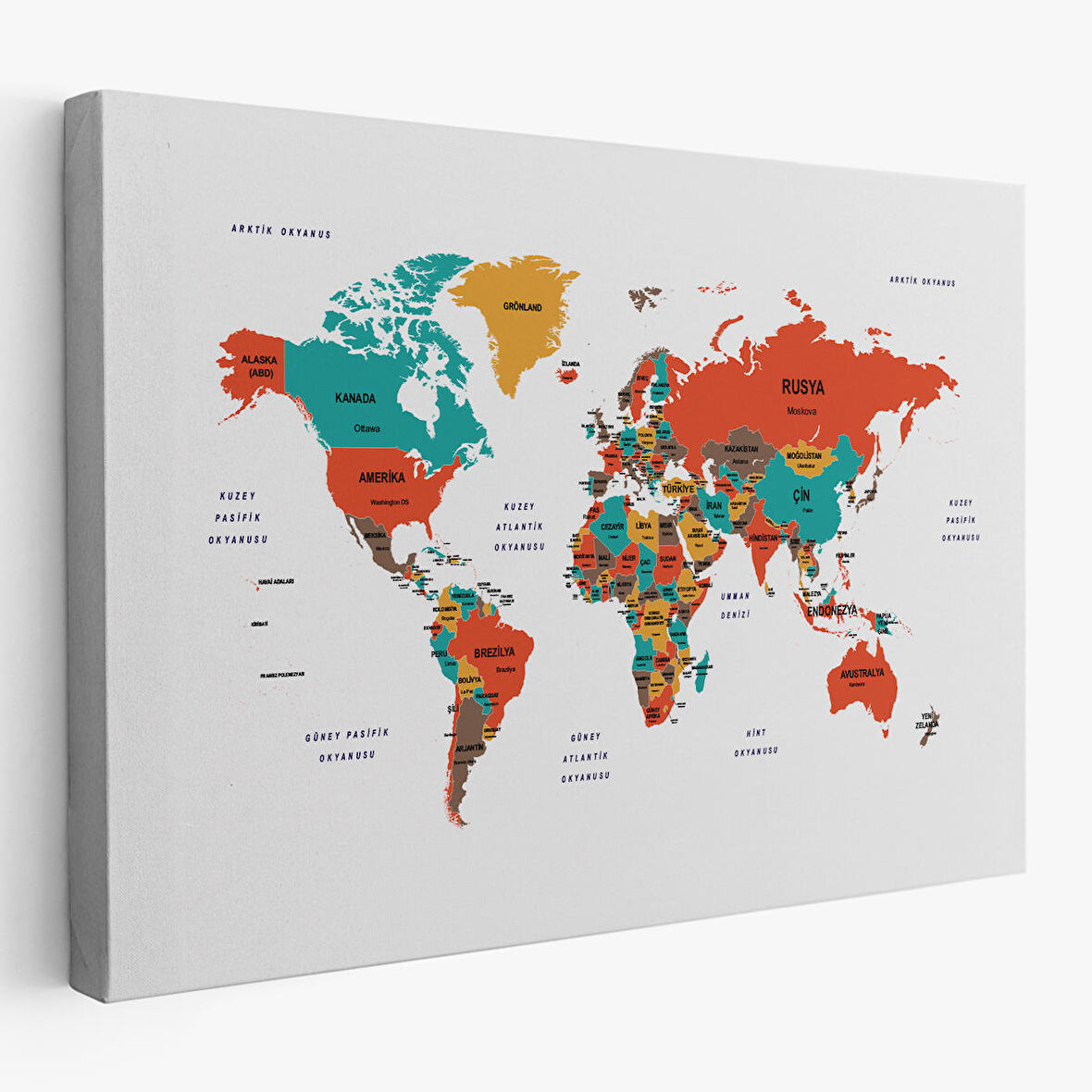 Harita Sepeti Türkçe Dünya Haritası Dekoratif Kanvas Tablo Ülke ve Başkentli 1516