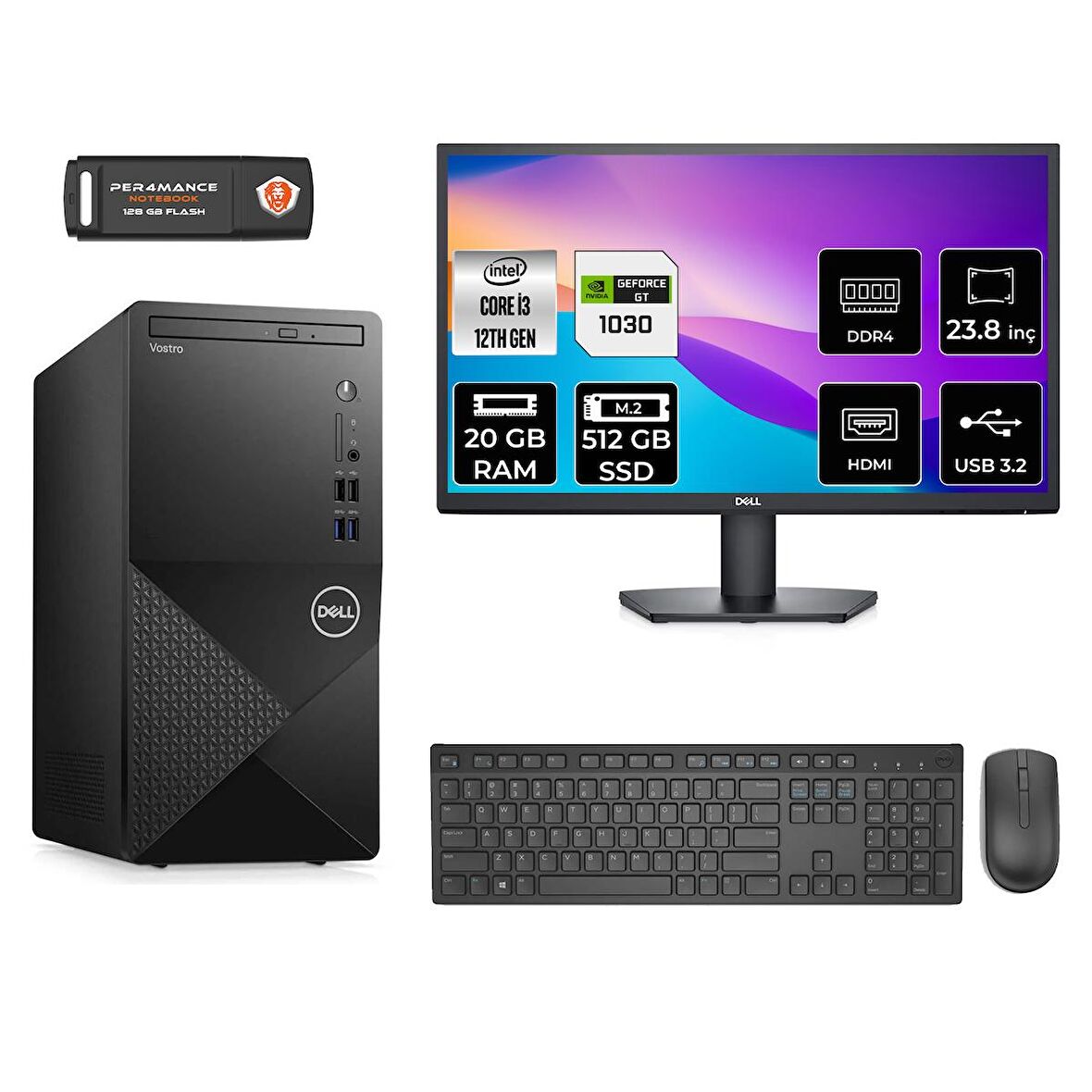Dell Vostro 3910MT i3 12100 20GB 512GB SSD GT1030/4GB FDOS N3563VDT3910 MASAÜSTÜ PC & 23.8" MONİTÖR