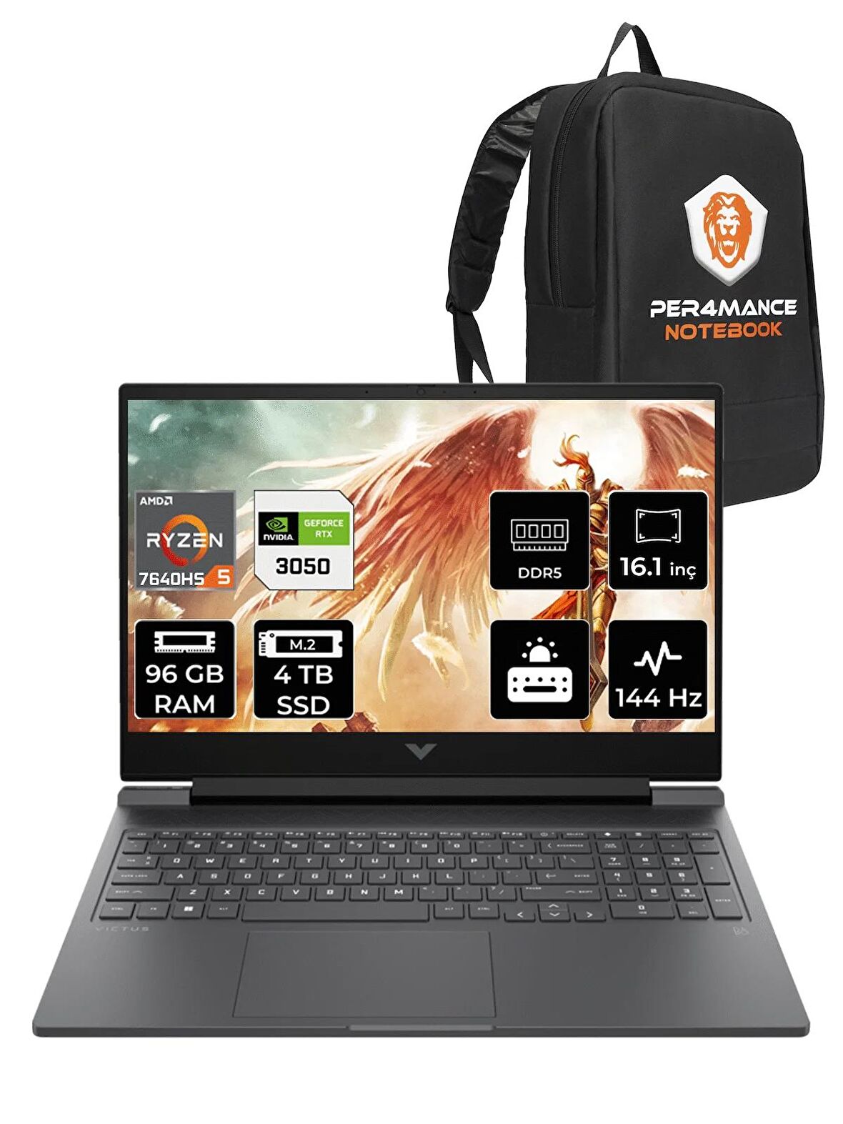 HP Victus 16 Ryzen 5 7640HS 96GB 2+2TB SSD RTX3050/6GB 144HZ 16.1" FHD FDOS 8V8A1EA & PER4 ÇANTA