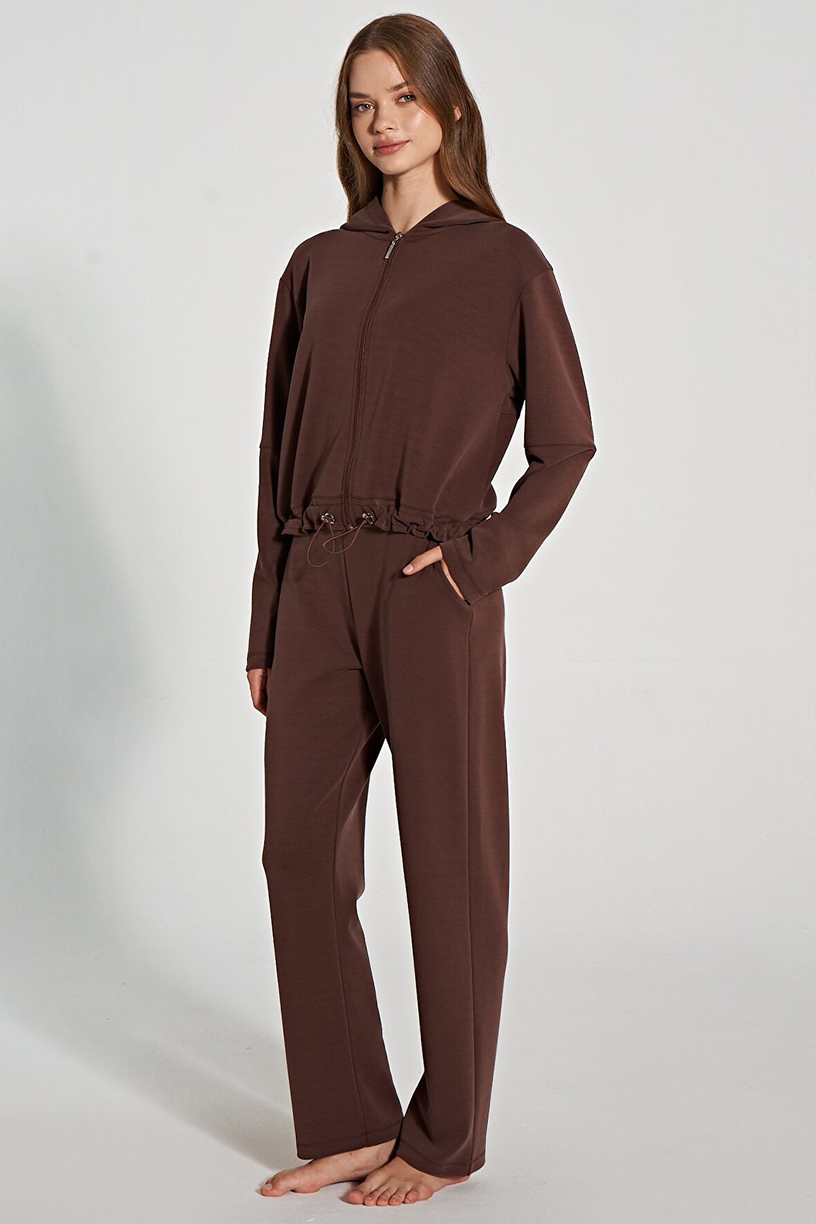 Kadın Fermuar Detaylı  Uzun Kollu Kapuşonlu  Eşofman Takımı