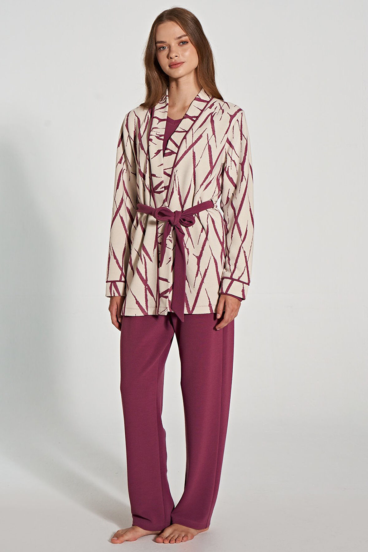 Kadın Çizgi Desenli Uzun Kolu Sabahlıklı Pijama Takımı
