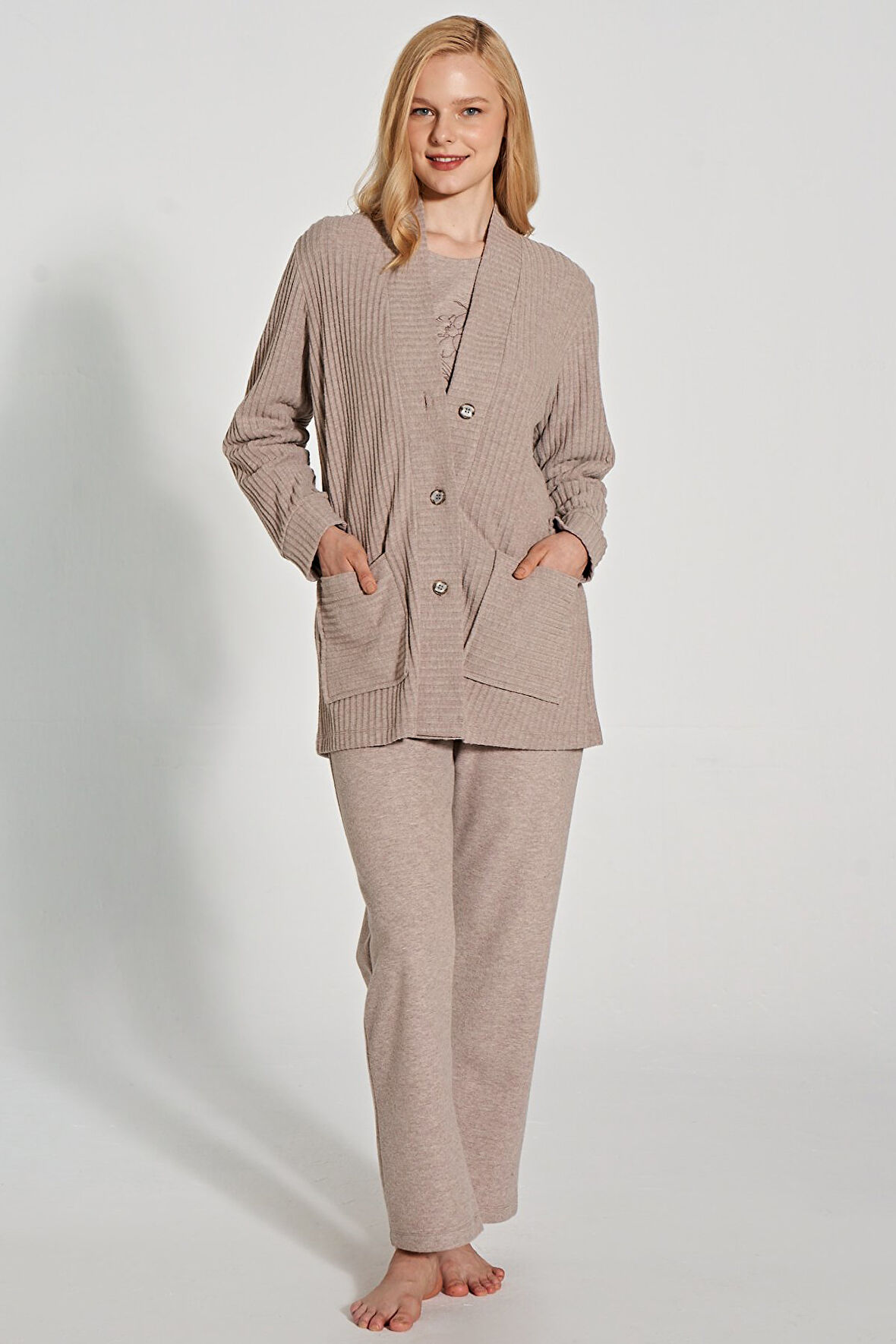 Kadın Uzun Kollu Triko Hıkarlı 3'lü Pijama Takımı