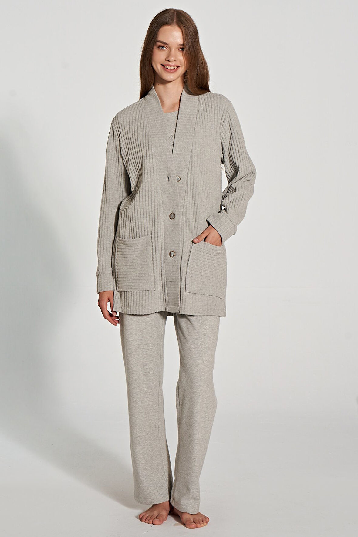 Kadın Uzun Kollu Triko Hıkarlı 3'lü Pijama Takımı