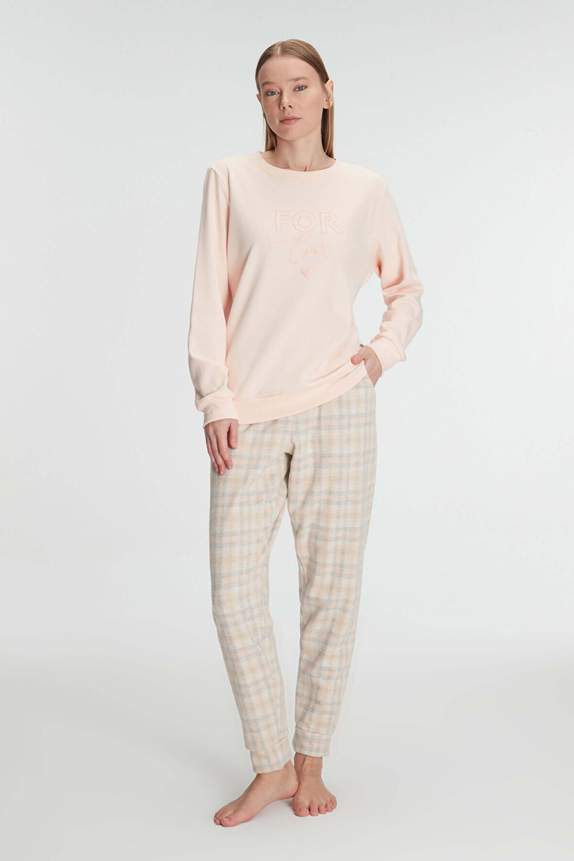 Kadın Somon Uzun Kollu Ekose Desenli Pijama Takımı