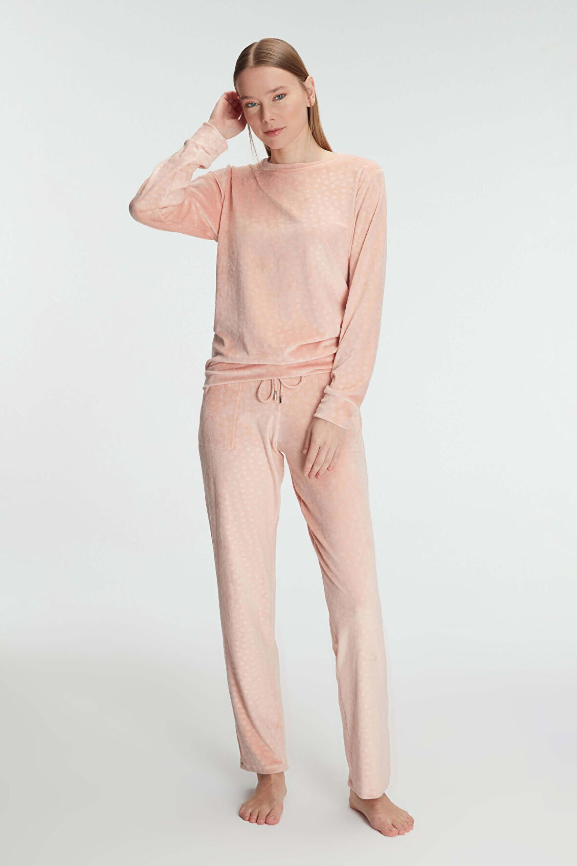 Kadın Şeftali Uzun Kollu Benek Desenli Cepli  Pamuklu Pijama Takımı