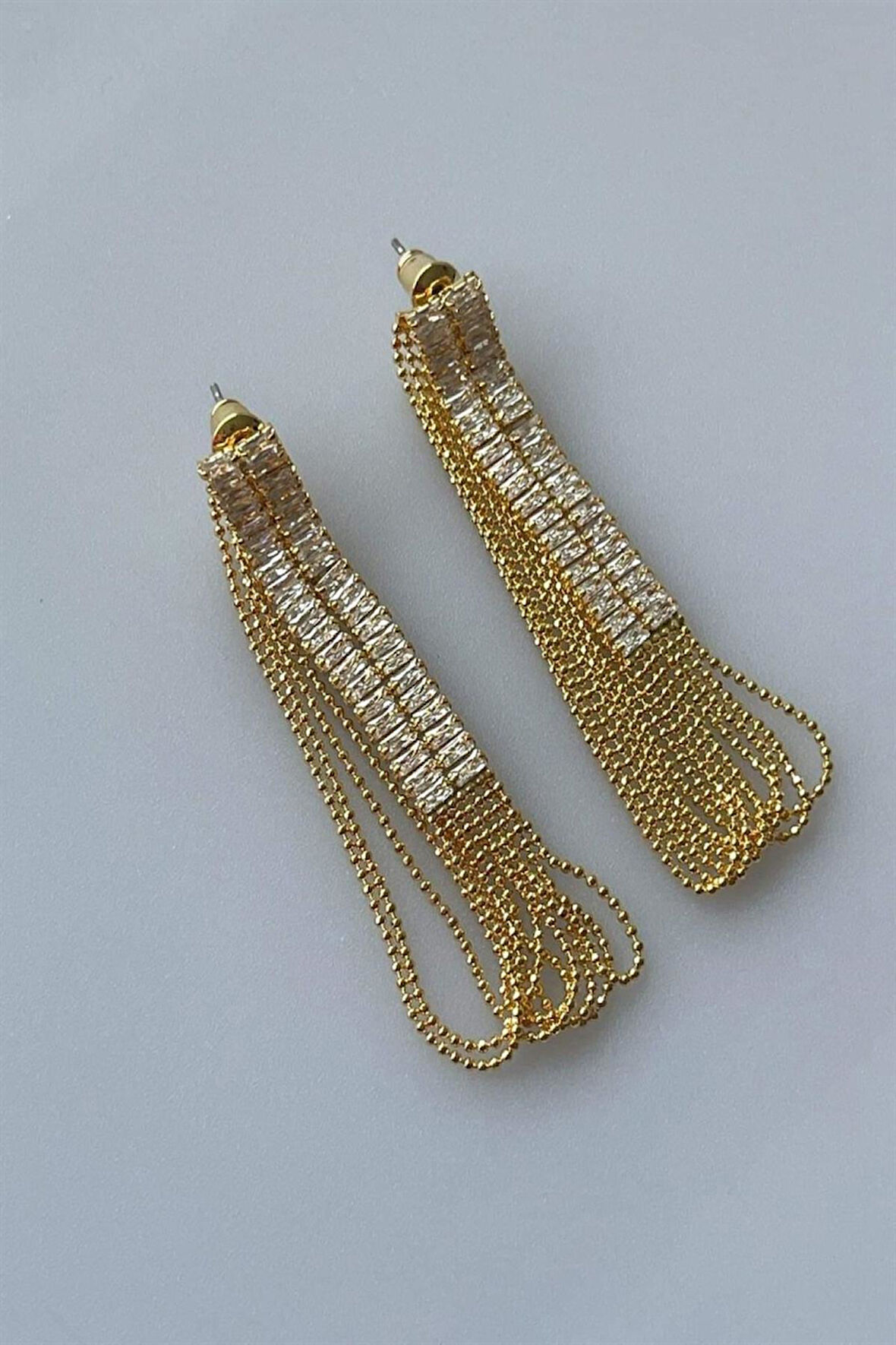 İthal Gold Renk Baget Taşlı Zincirli Küpe (5 Cm)