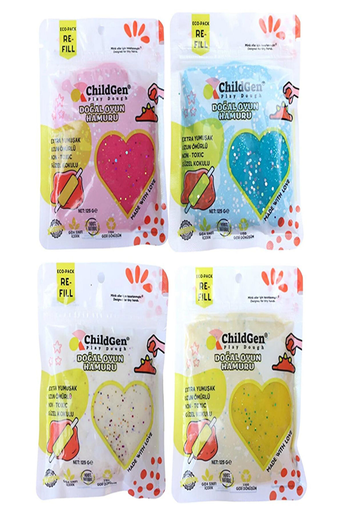 Childgen Doğal Oyun Hamuru Ecopack Glitter 4Lü Simli Set 4X125 gr