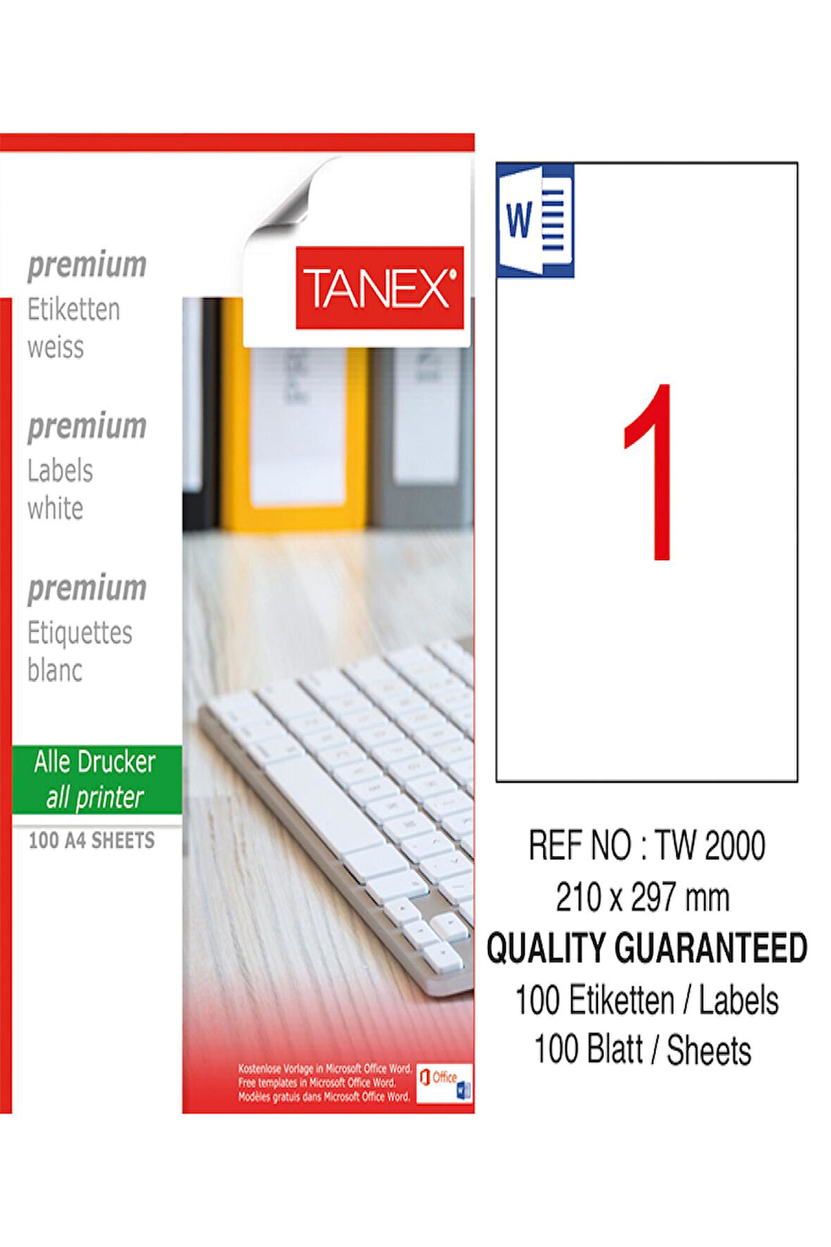 Tanex Lazer Etiket Tw 2000 210*297 Mm Beyaz 100Lü