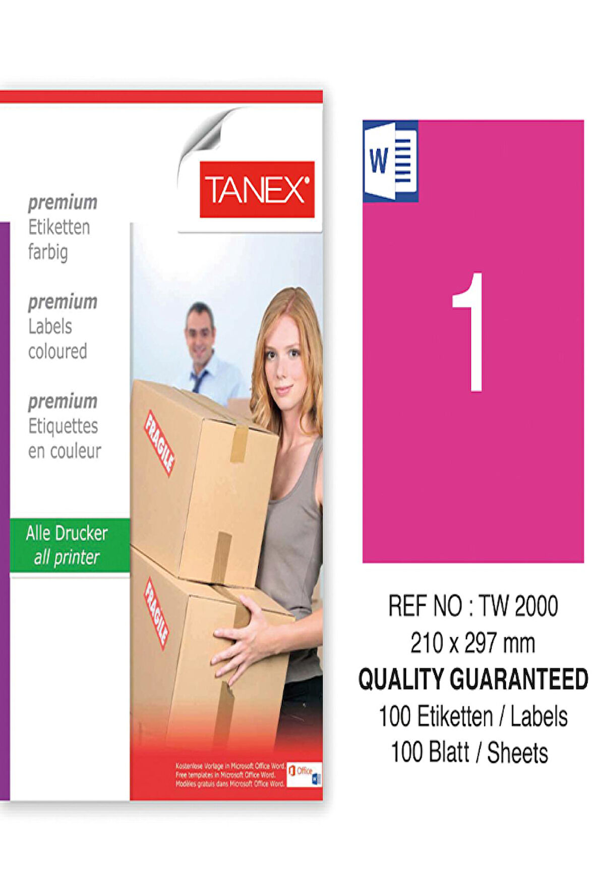 Tanex Lazer Etiket Tw 2000 210*297 Mm Floresan Pembe 100 Adet