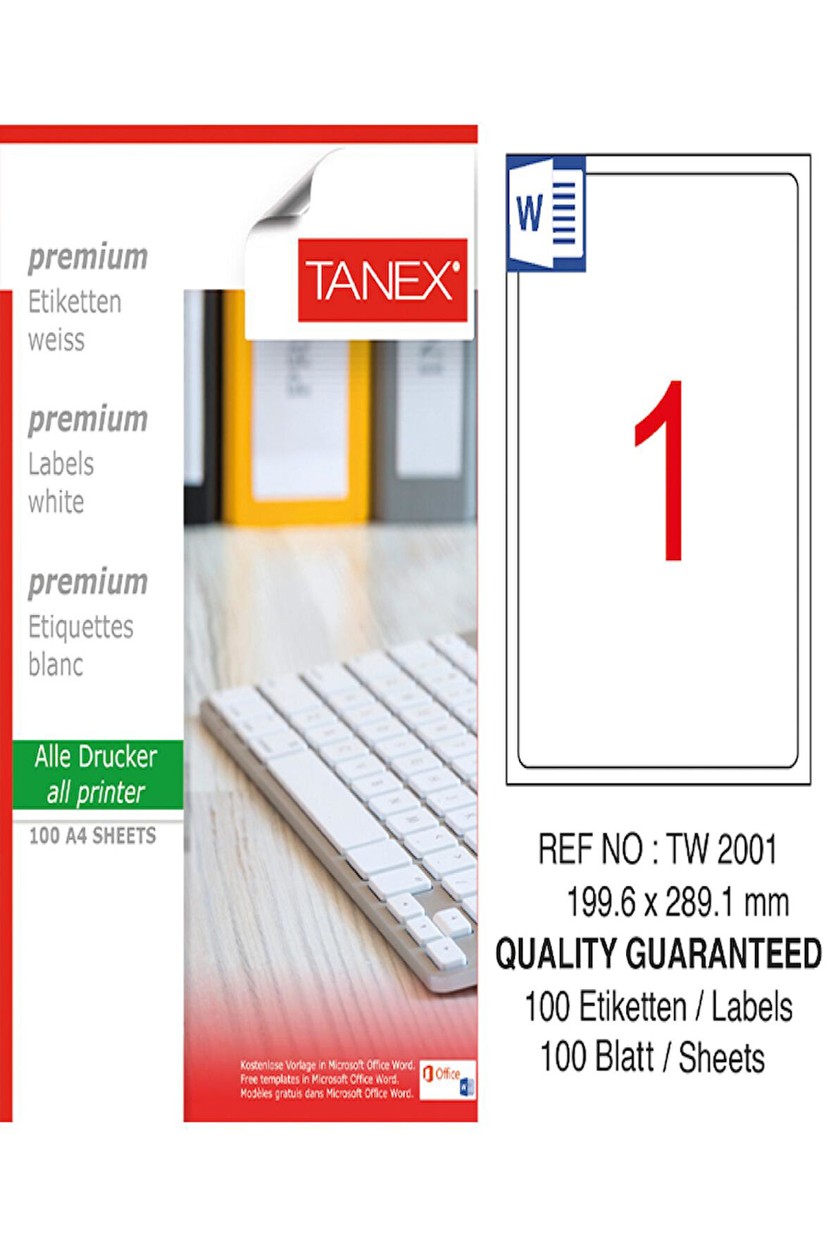 Tanex Lazer Etiket Tw 2001 199.6*289.1 Mm Beyaz 100 Adet