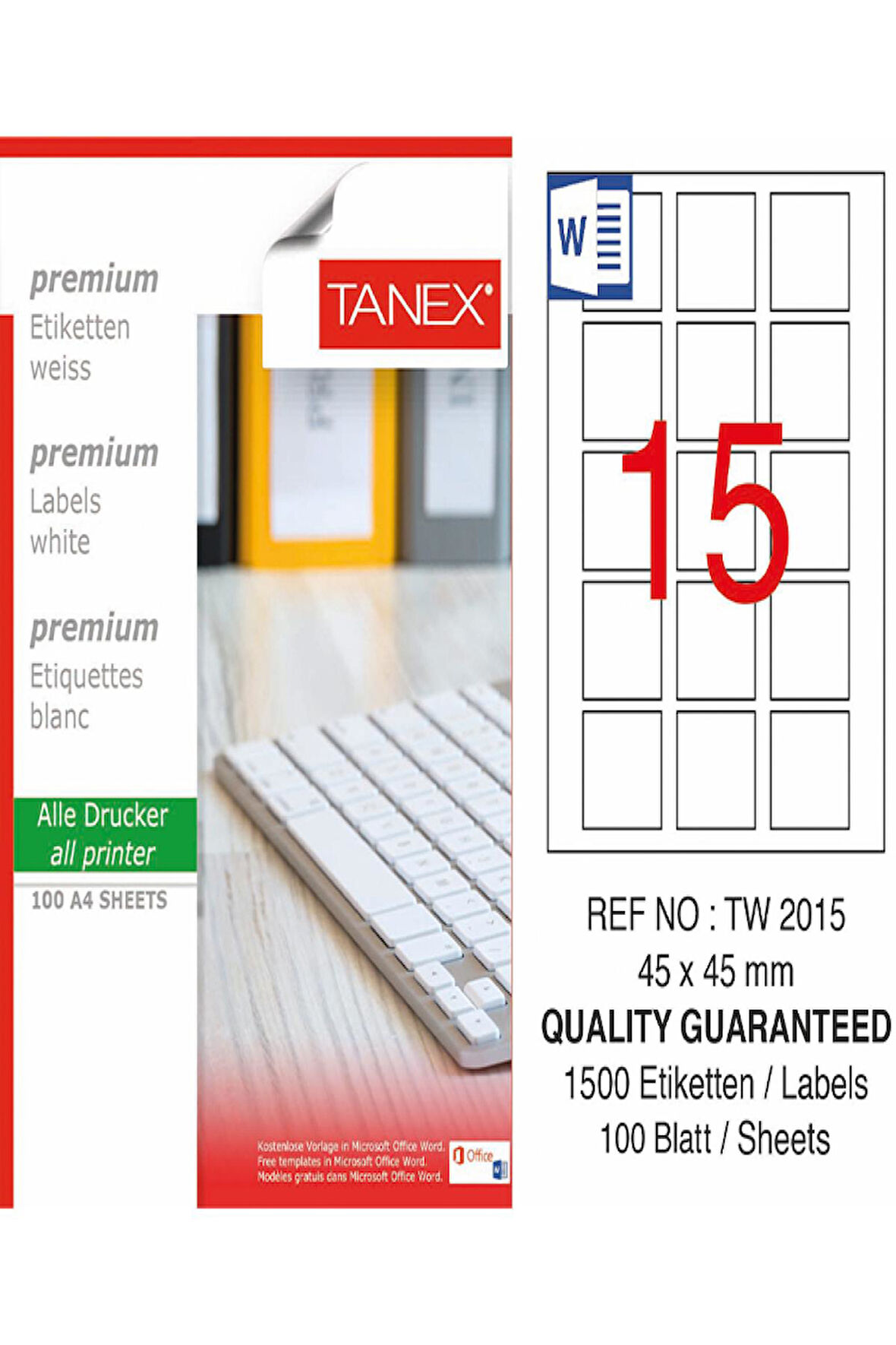 Tanex Lazer Etiket Tw 2015 45*45 Mm Beyaz 100Lü